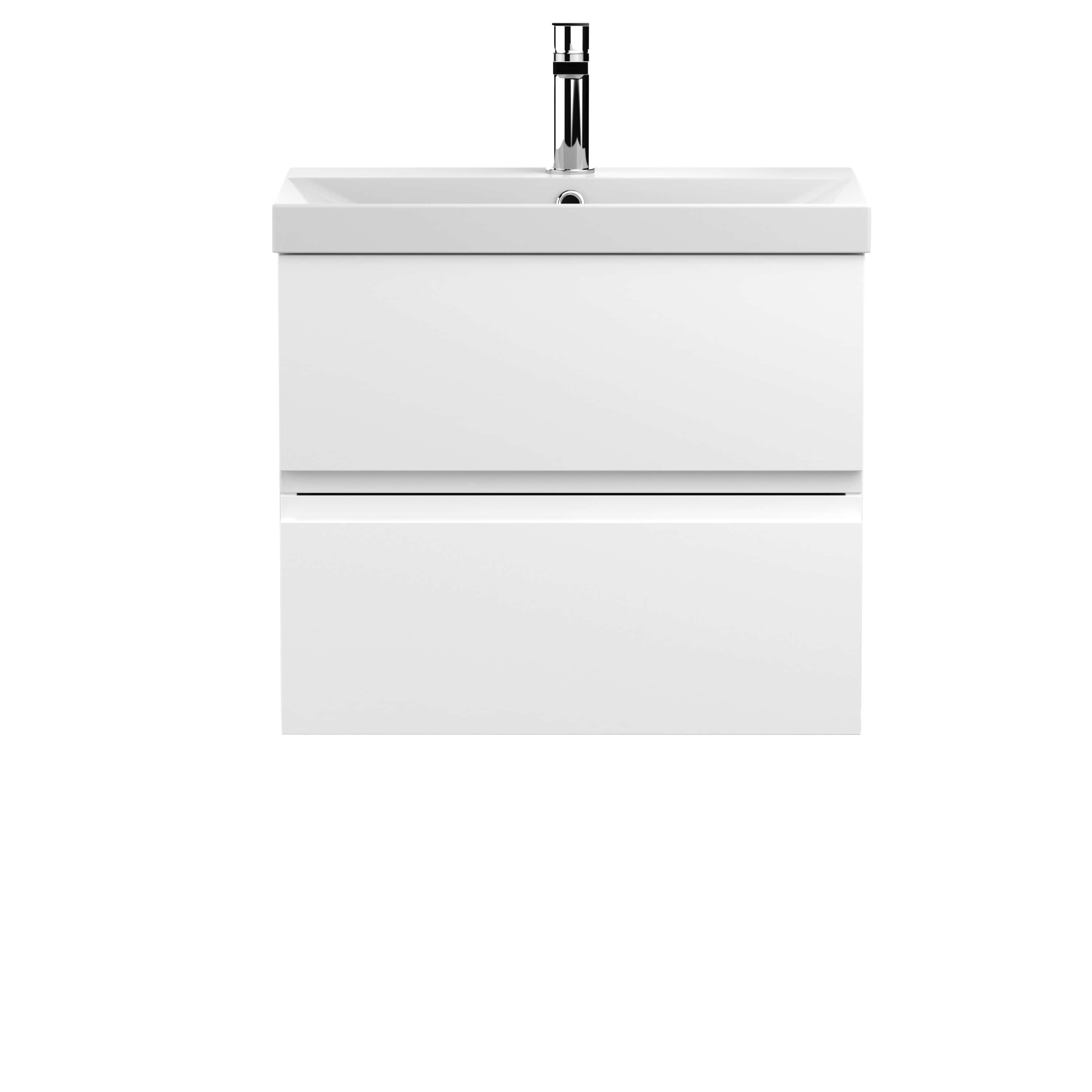 Sleek modern white bathroom vanity with integrated sink and chrome faucet, ideal for contemporary bathroom designs. Perfect storage solution for bathroom essentials with clean lines and minimalist style.