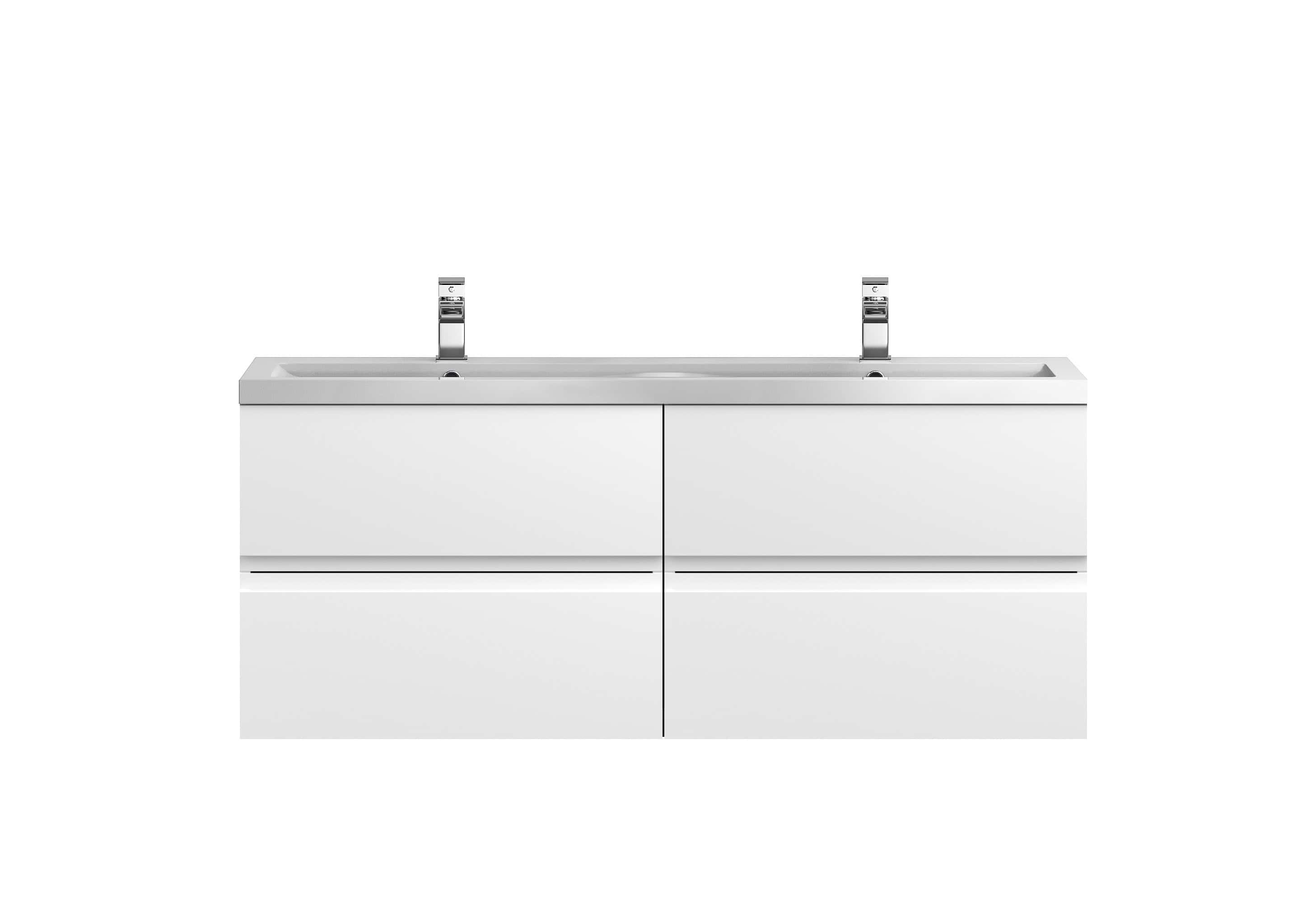 High-quality modern double bathroom vanity with sleek white cabinets and integrated sinks, featuring contemporary chrome taps, ideal for stylish bathroom renovations.
