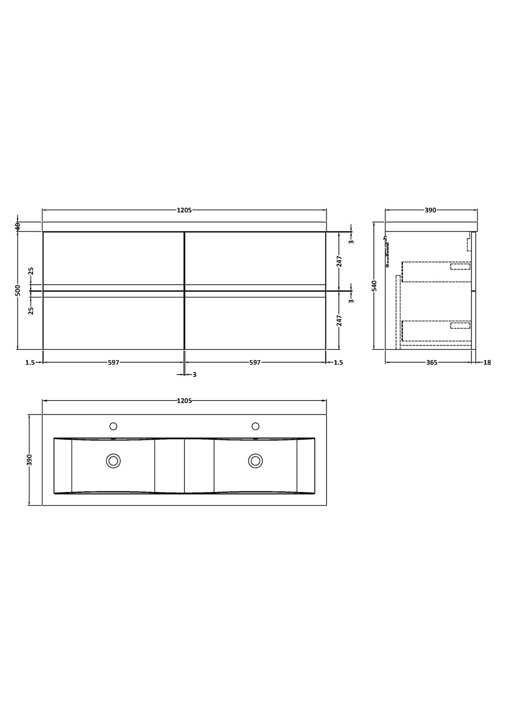 Extensive bathroom vanity unit with double sinks, sleek design, and detailed measurements perfect for modern Bubly Bathrooms installations.