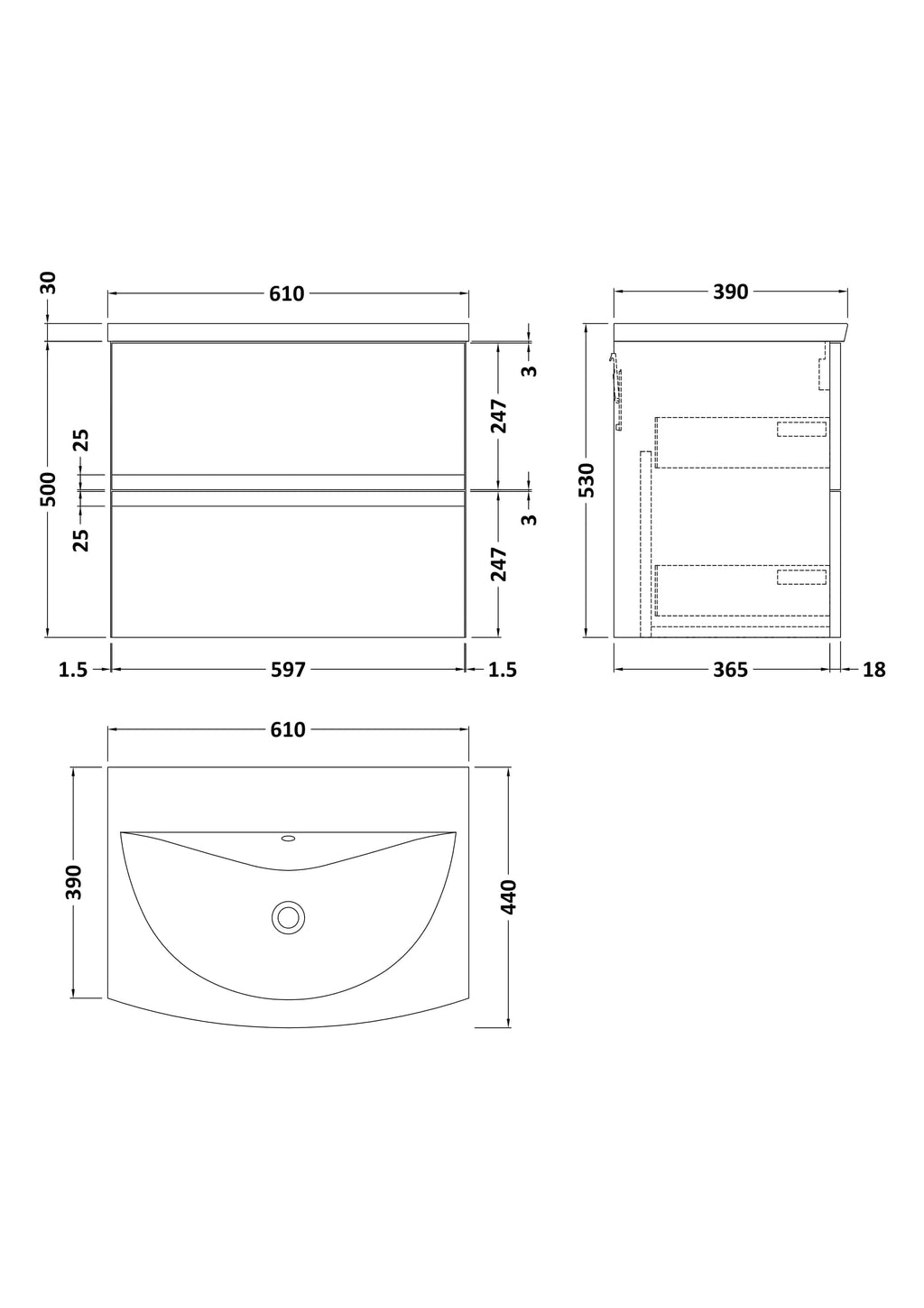 Sleek modern bathroom vanity with integrated sink and storage, ideal for contemporary Bubly Bathrooms designs. Features detailed dimensions for perfect installation.