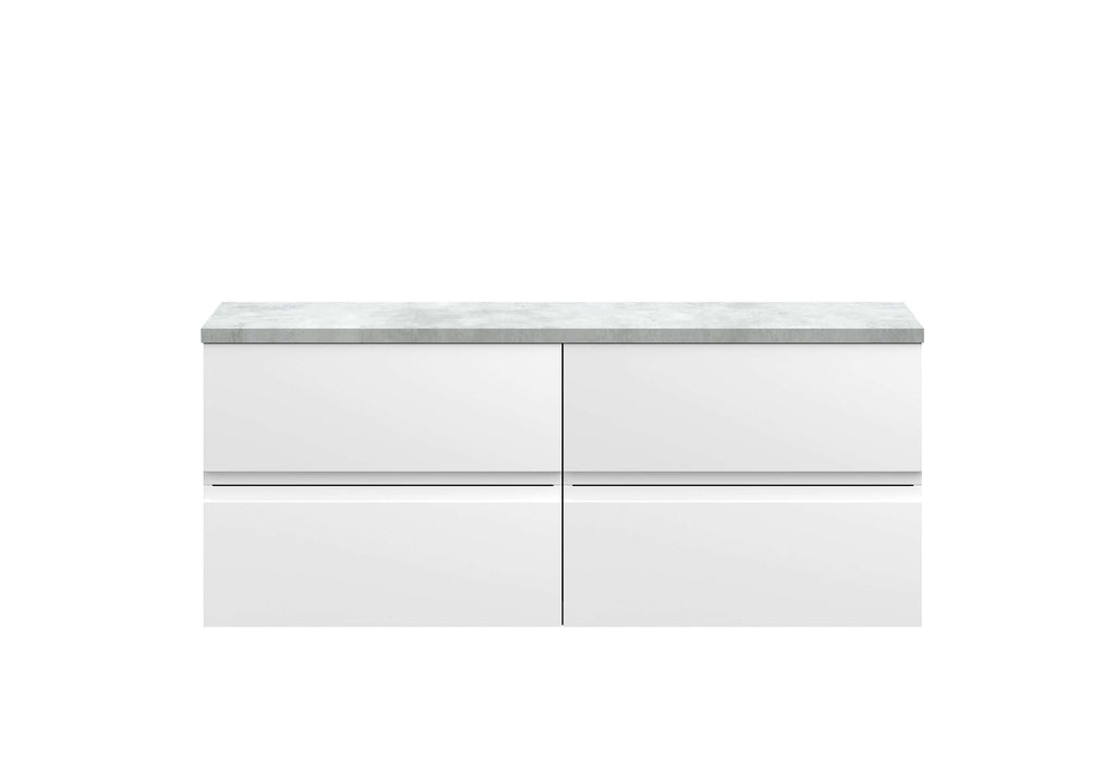 Sleek white bathroom vanity unit with a modern minimalist design and a grey marble countertop, perfect for contemporary bathroom interiors.