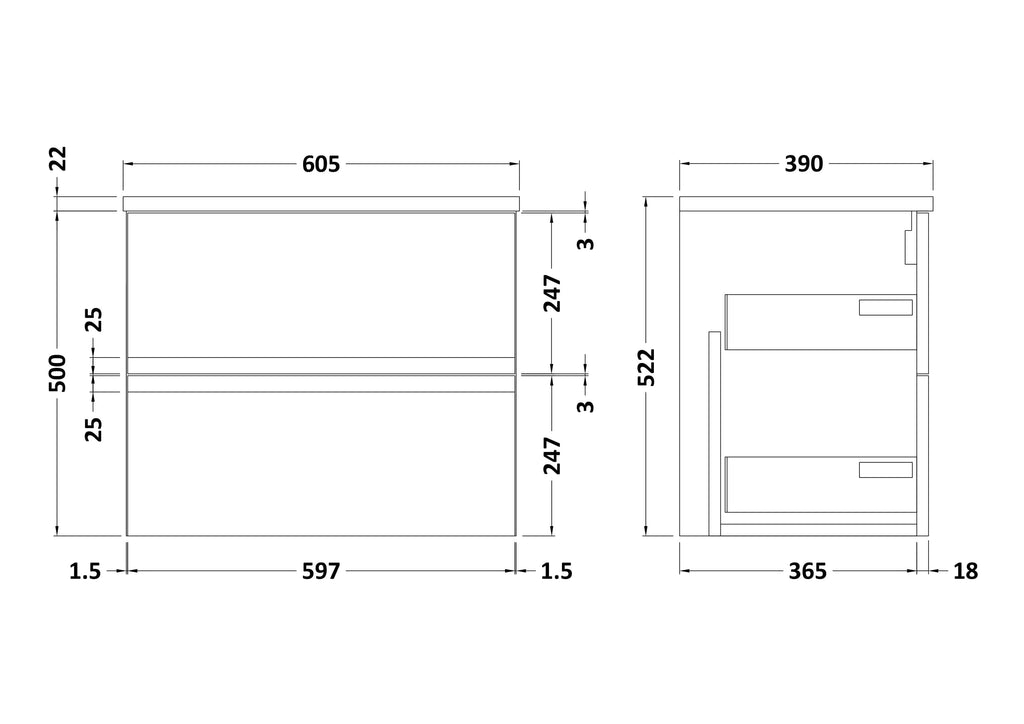 Modern bathroom vanity unit with sleek design and ample storage, featuring detailed technical measurements for custom installation by Bubly Bathrooms.