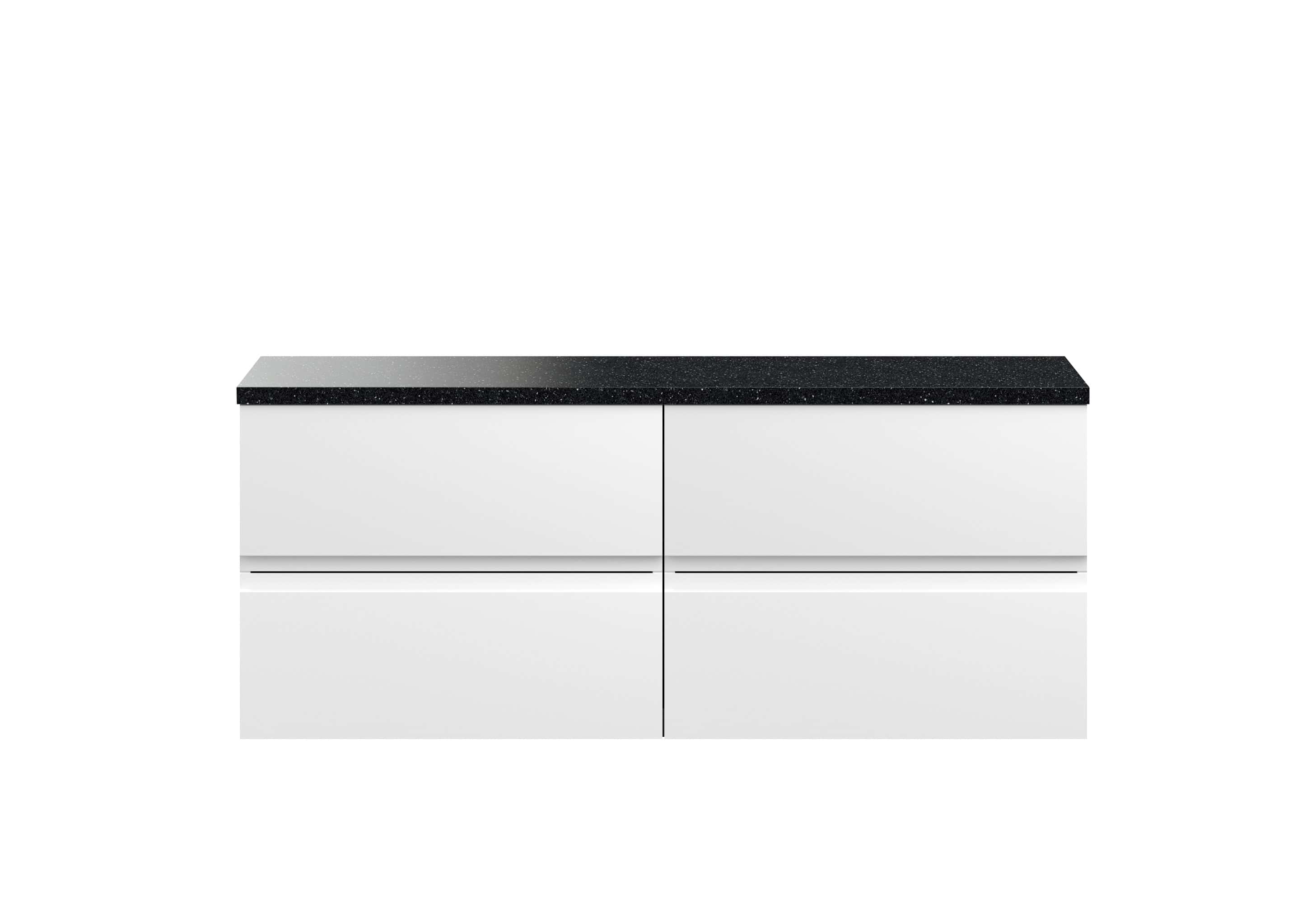 Contemporary white bathroom vanity with black speckled countertop, sleek handleless drawers, modern design, ideal for stylish and functional bathroom storage solutions.