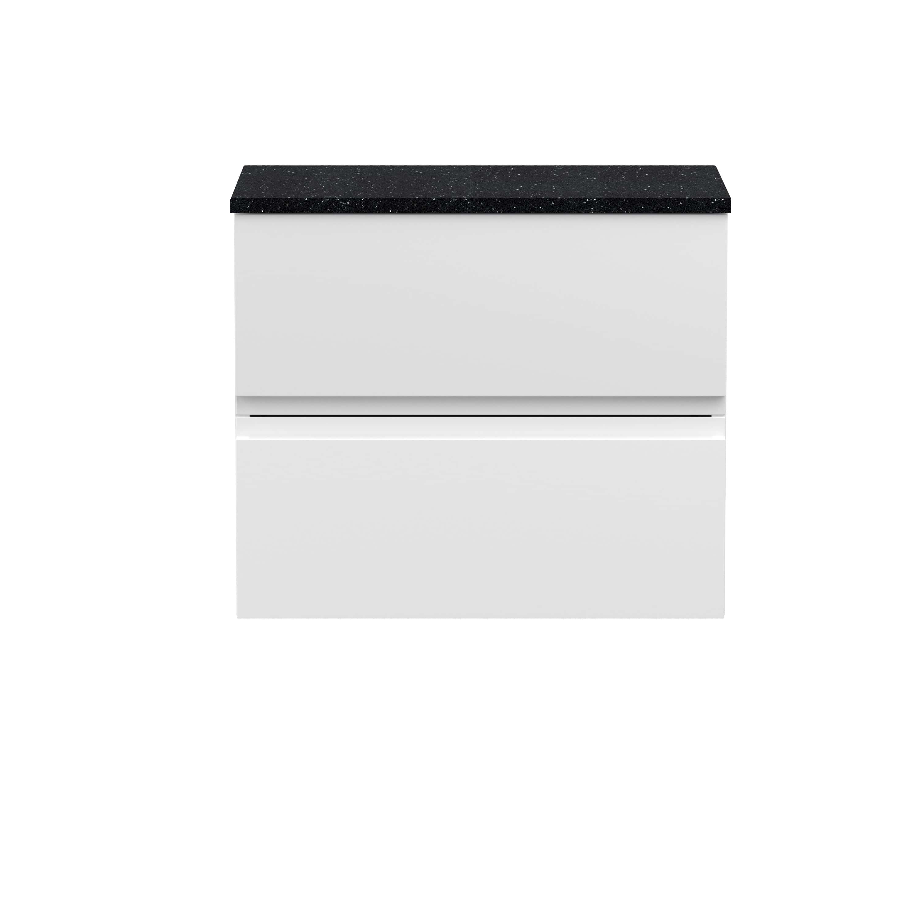 Sleek modern bathroom vanity with a black granite countertop and minimalist white drawers, perfect for contemporary bathroom designs.