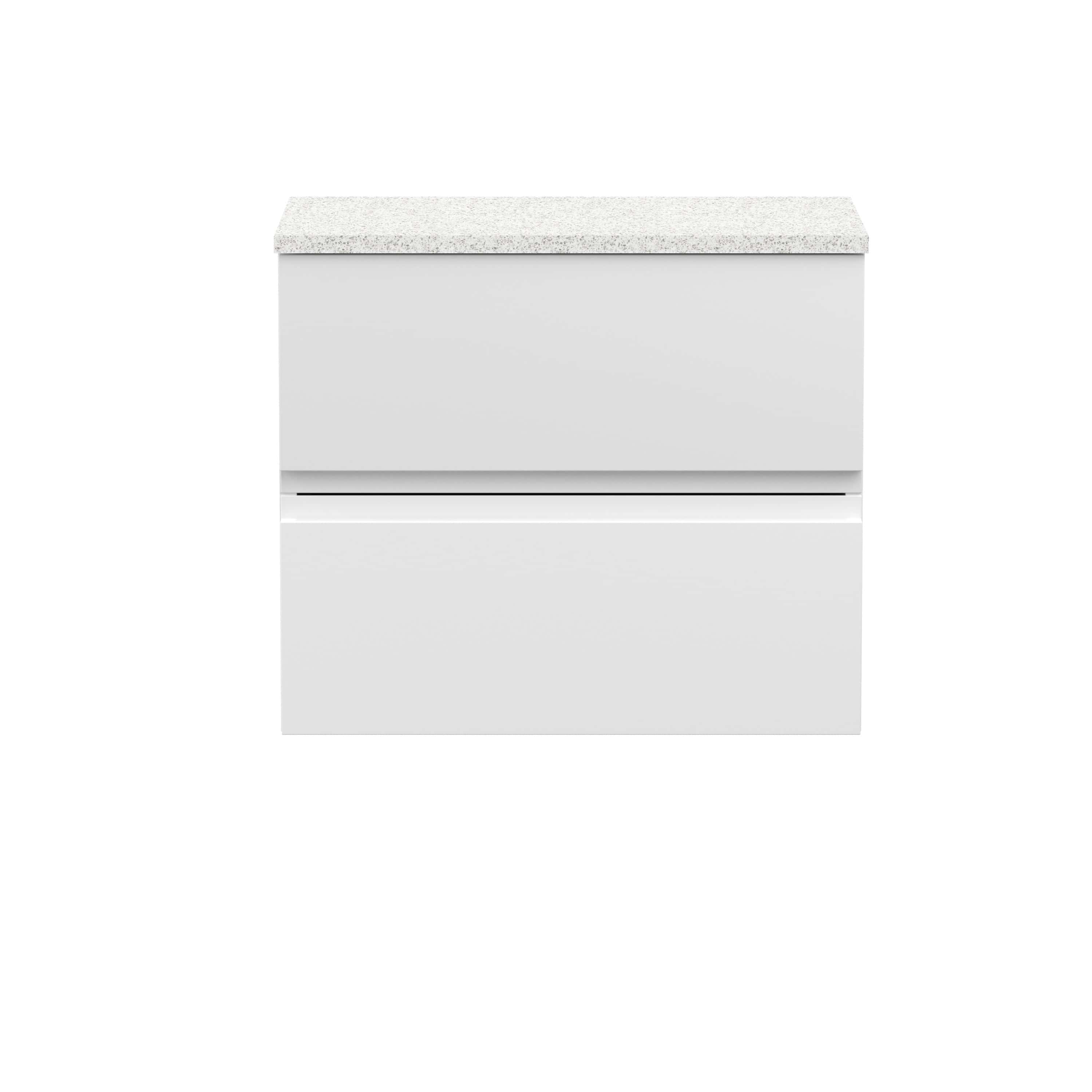 Sleek white bathroom vanity with a modern design, featuring a granite countertop and ample storage space, ideal for contemporary bathroom decor.