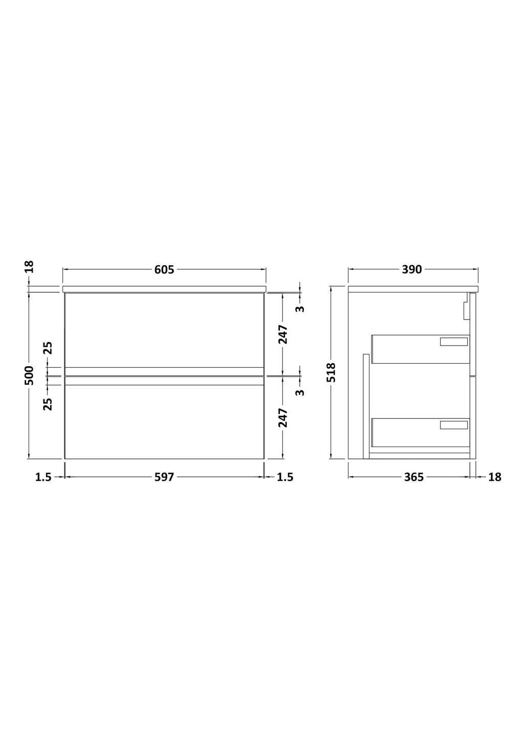 Modern bathroom vanity unit with sleek drawers and precise measurements for optimal bathroom storage solutions. Designed for functionality and style in bathroom renovations.