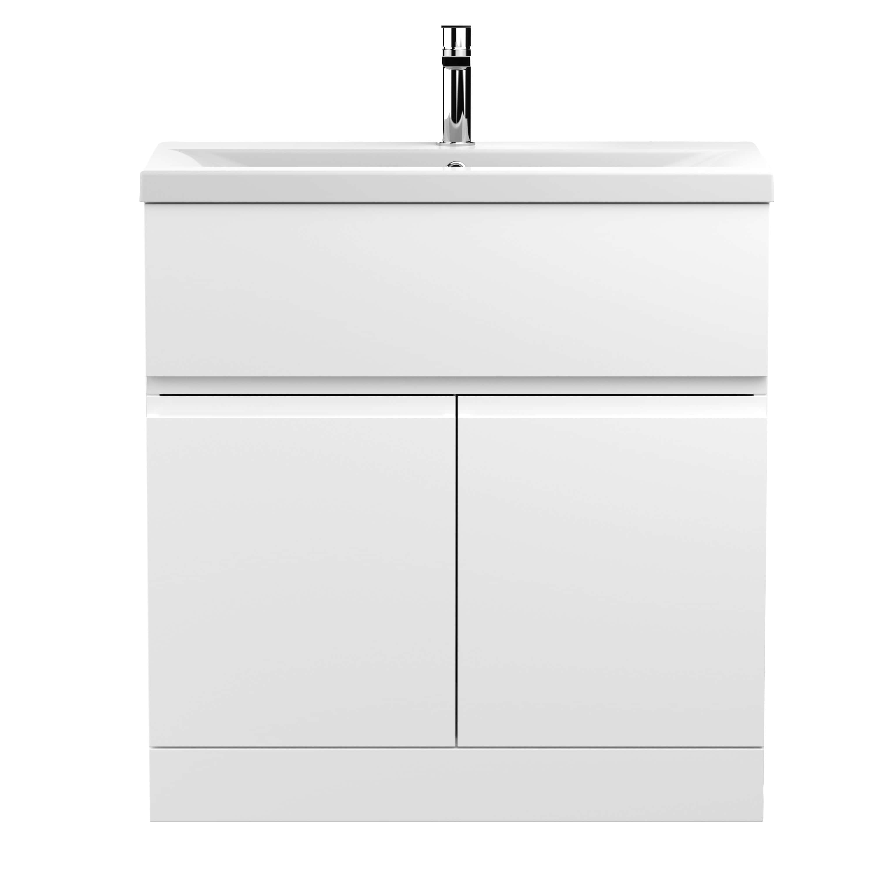 Modern white bathroom vanity unit with integrated sink and chrome tap, stylish storage cabinets for bathroom organisation.