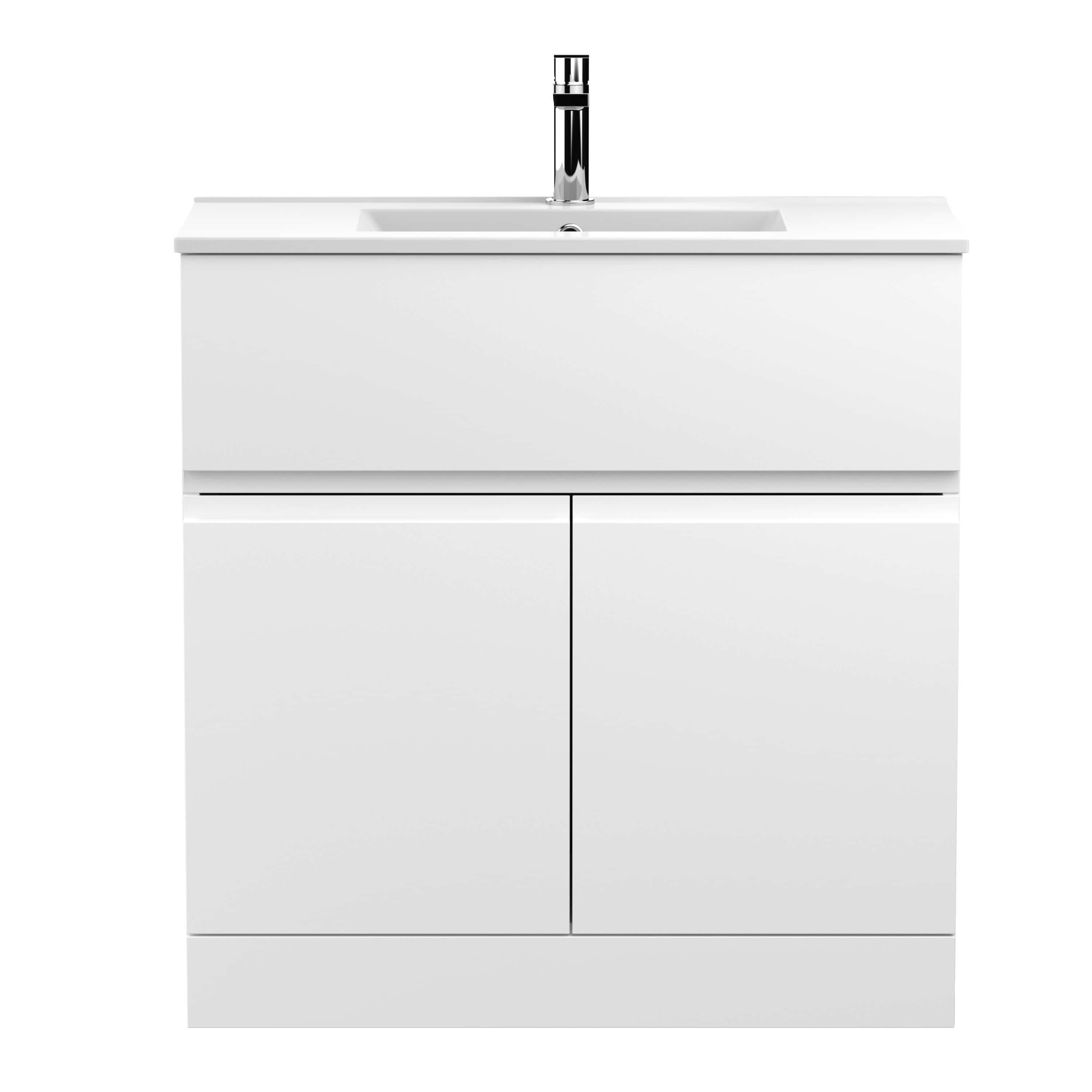 Polished white bathroom vanity unit with integrated sink and chrome tap, modern storage solution for contemporary bathrooms.
