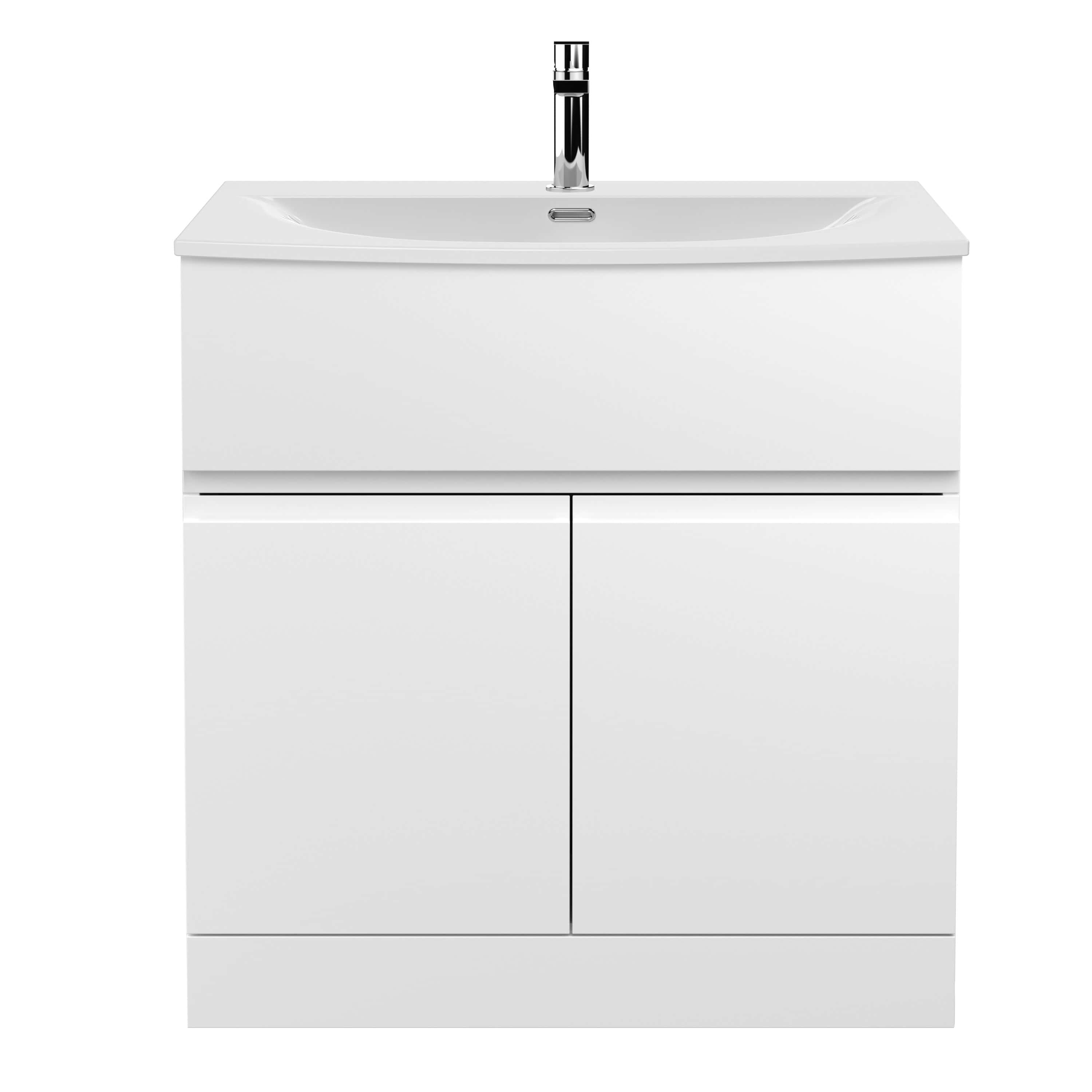 Modern white bathroom vanity with integrated sink and chrome tap for contemporary bathroom design. Perfect for stylish and functional bathroom spaces.