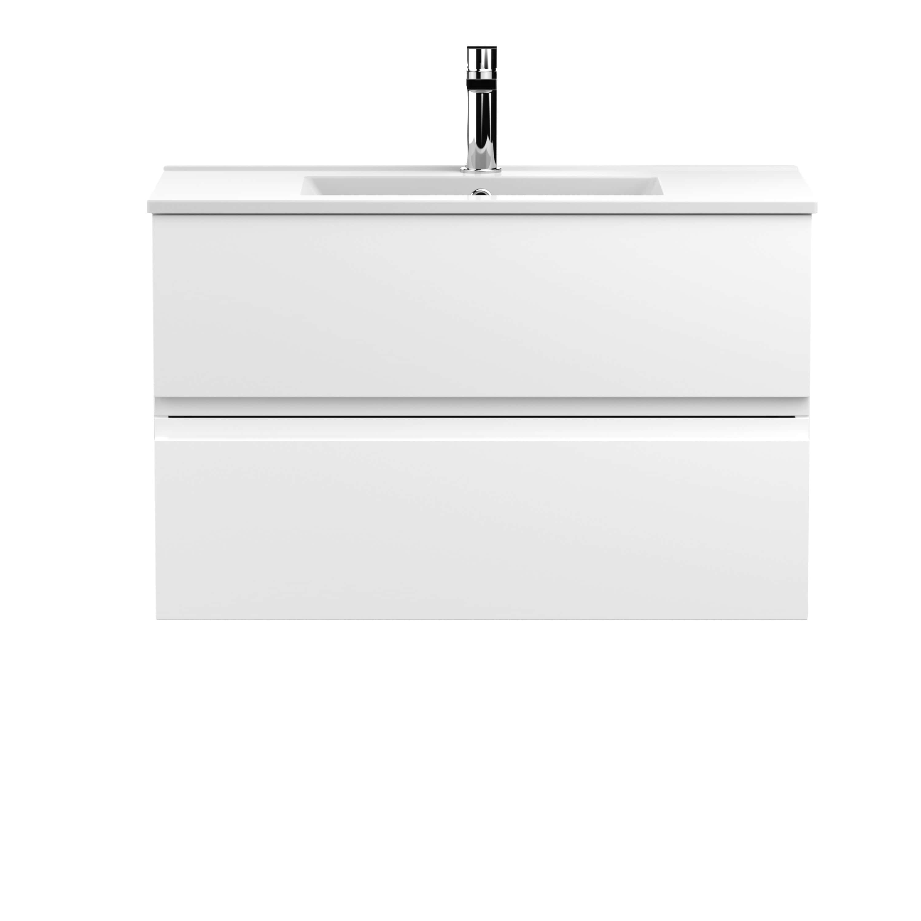 Modern white bathroom vanity with integrated sink and sleek chrome faucet, ideal for contemporary bathroom designs. Perfect for efficient storage and stylish bathroom upgrades.