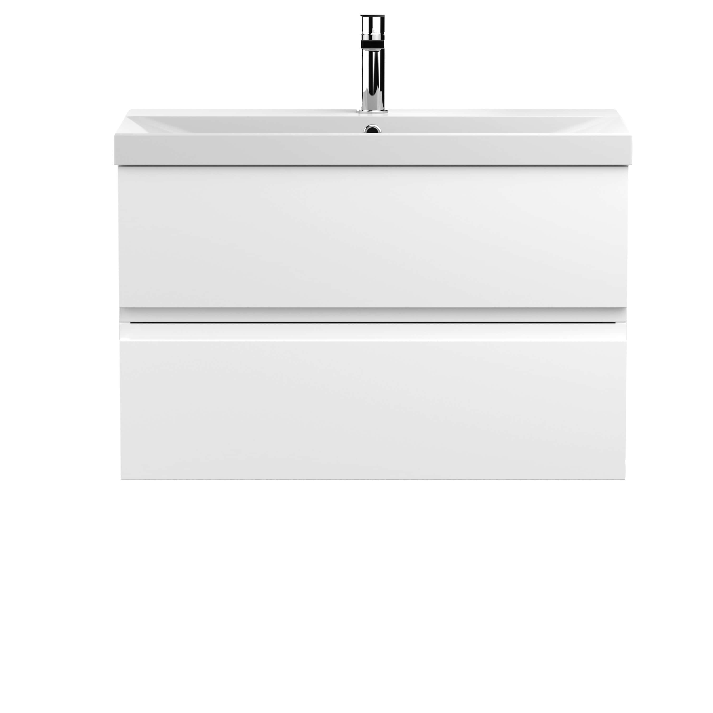 Sleek white bathroom vanity with integrated sink and modern chrome faucet, ideal for contemporary bathroom designs.