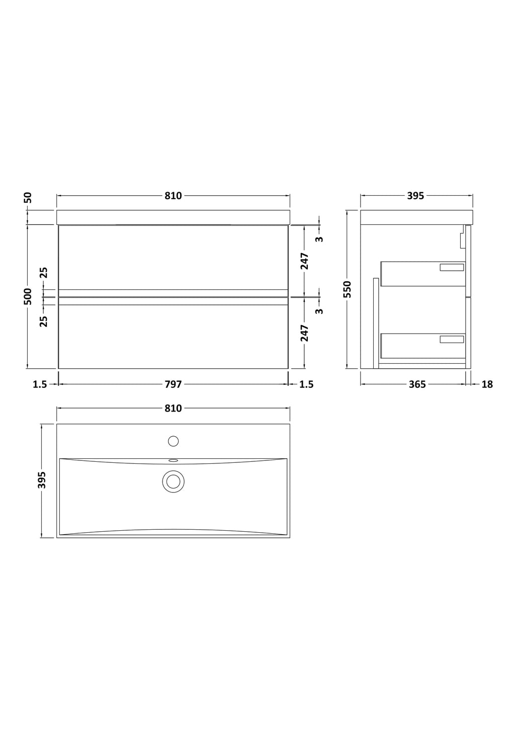 High-quality bathroom vanity unit with drawers, measurements provided for custom fitting and storage solutions in modern bathrooms.