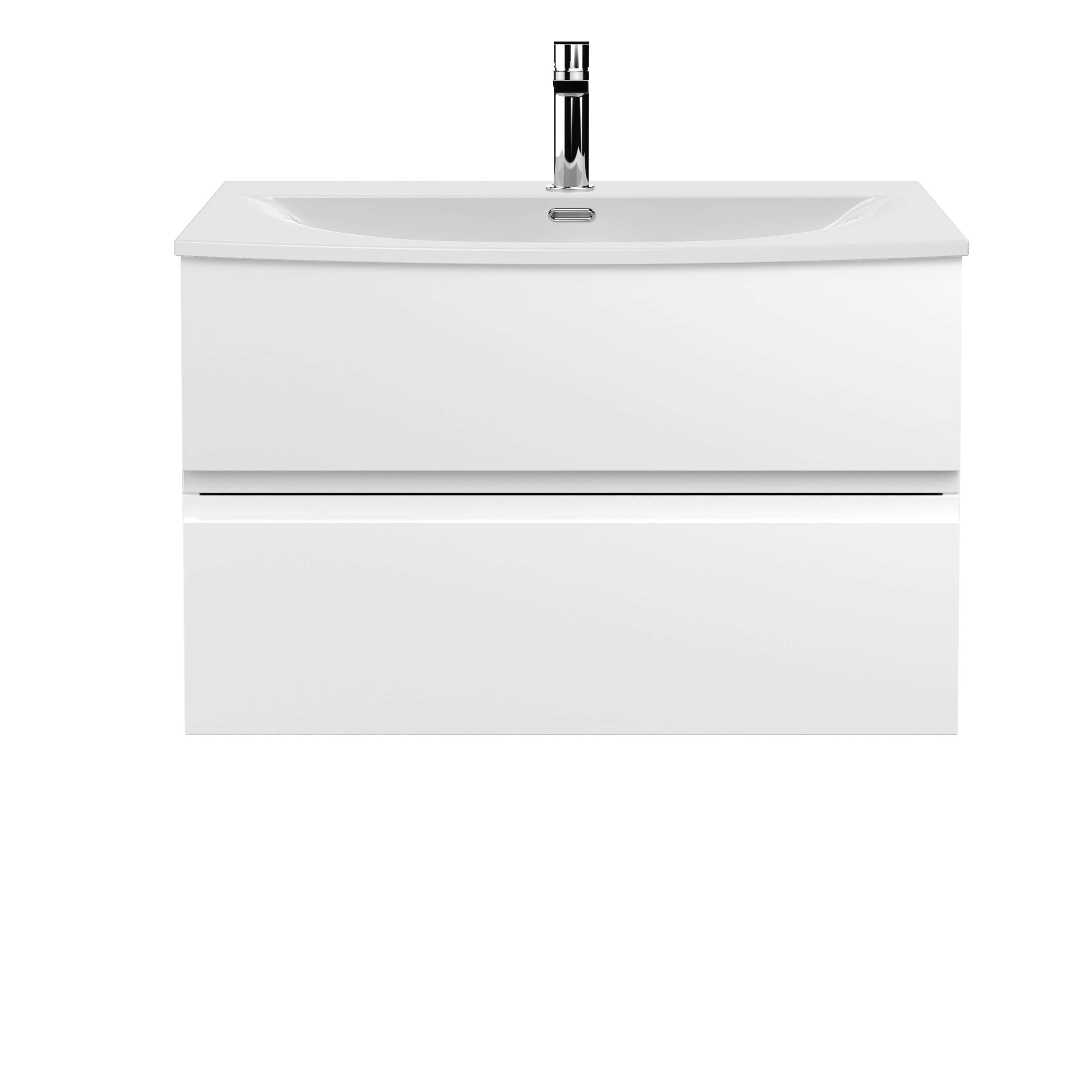 Sleek white bathroom vanity with integrated sink and modern chrome faucet, ideal for contemporary bathroom design. Durable storage drawers for organising bathroom essentials. Suitable for small to medium bathrooms.