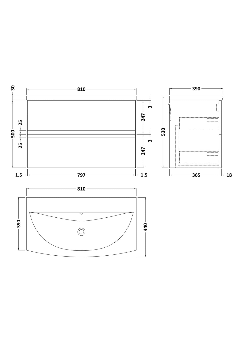High-resolution bathroom vanity cabinet technical drawing with detailed measurements and dimensions for modern Bubly Bathrooms design. Perfect for bathroom renovation projects.