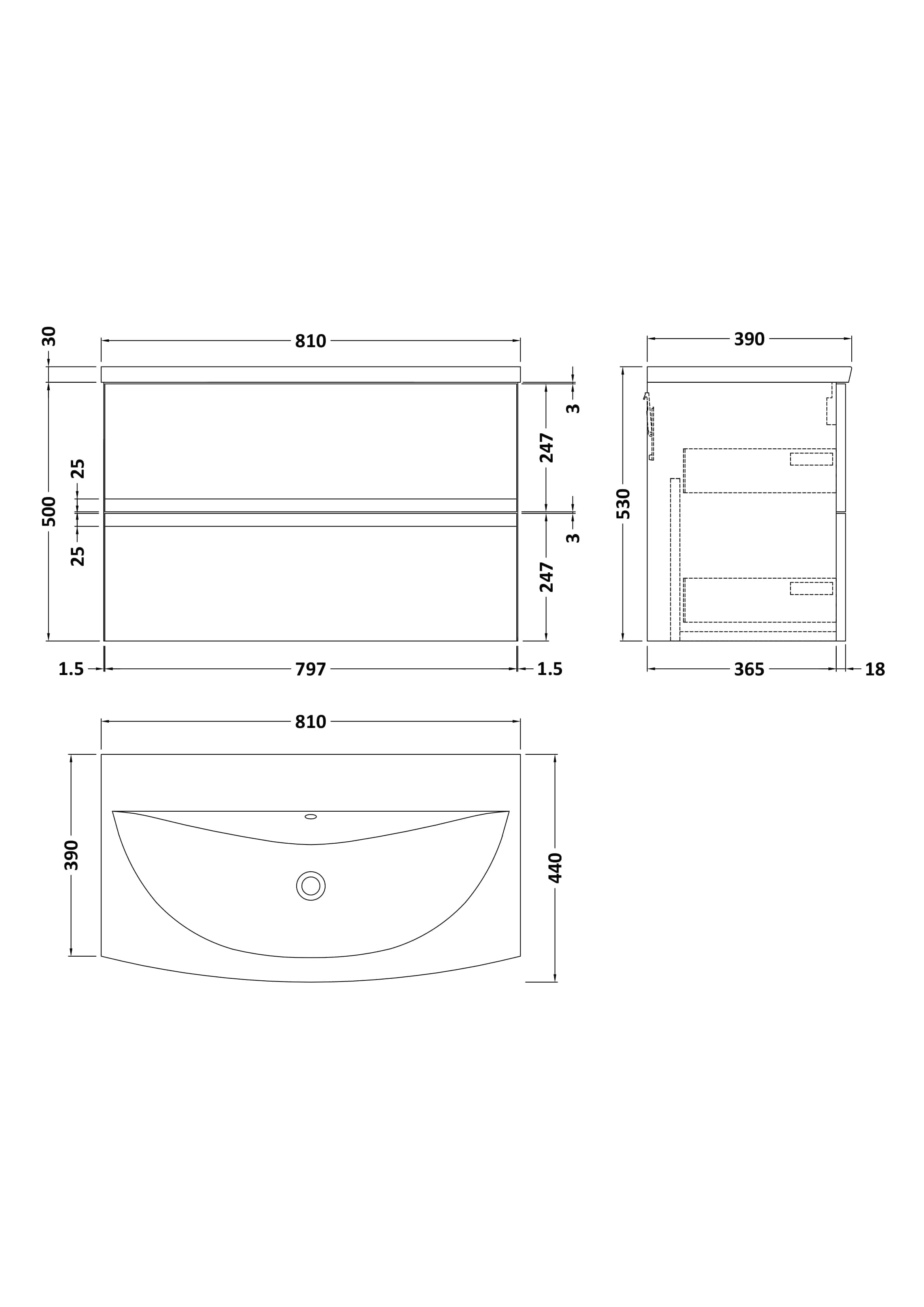 High-resolution bathroom vanity cabinet technical drawing with detailed measurements and dimensions for modern Bubly Bathrooms design. Perfect for bathroom renovation projects.