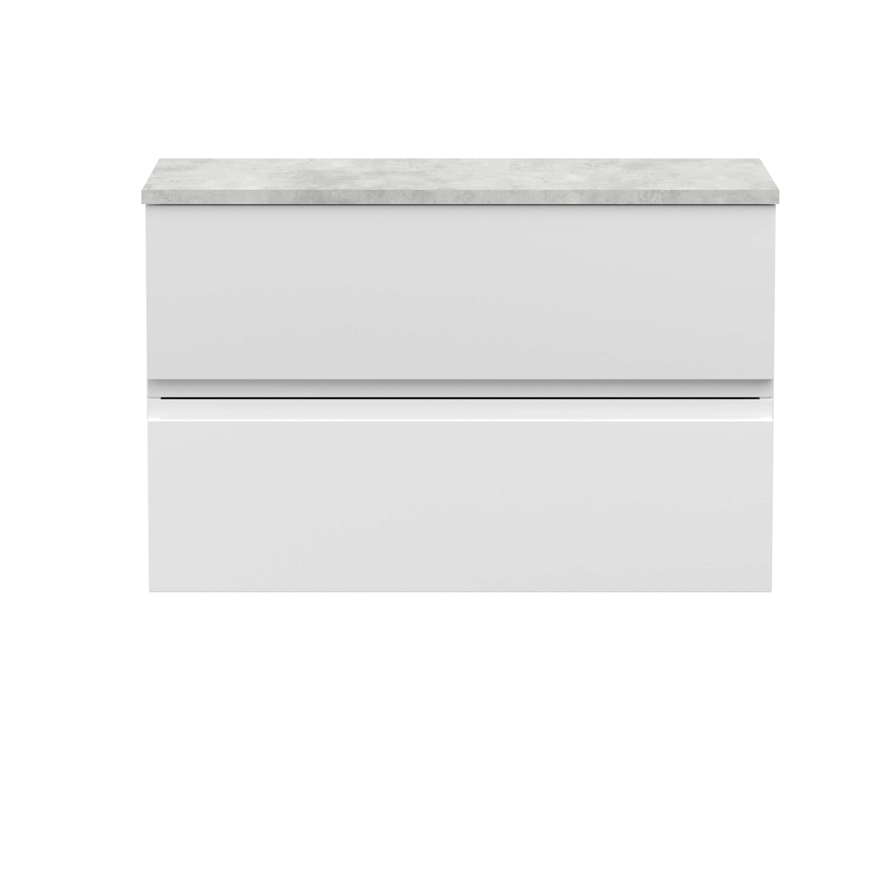 Modern white bathroom vanity with sleek minimalist design and concrete countertop, ideal for contemporary bathroom decor and storage solutions.