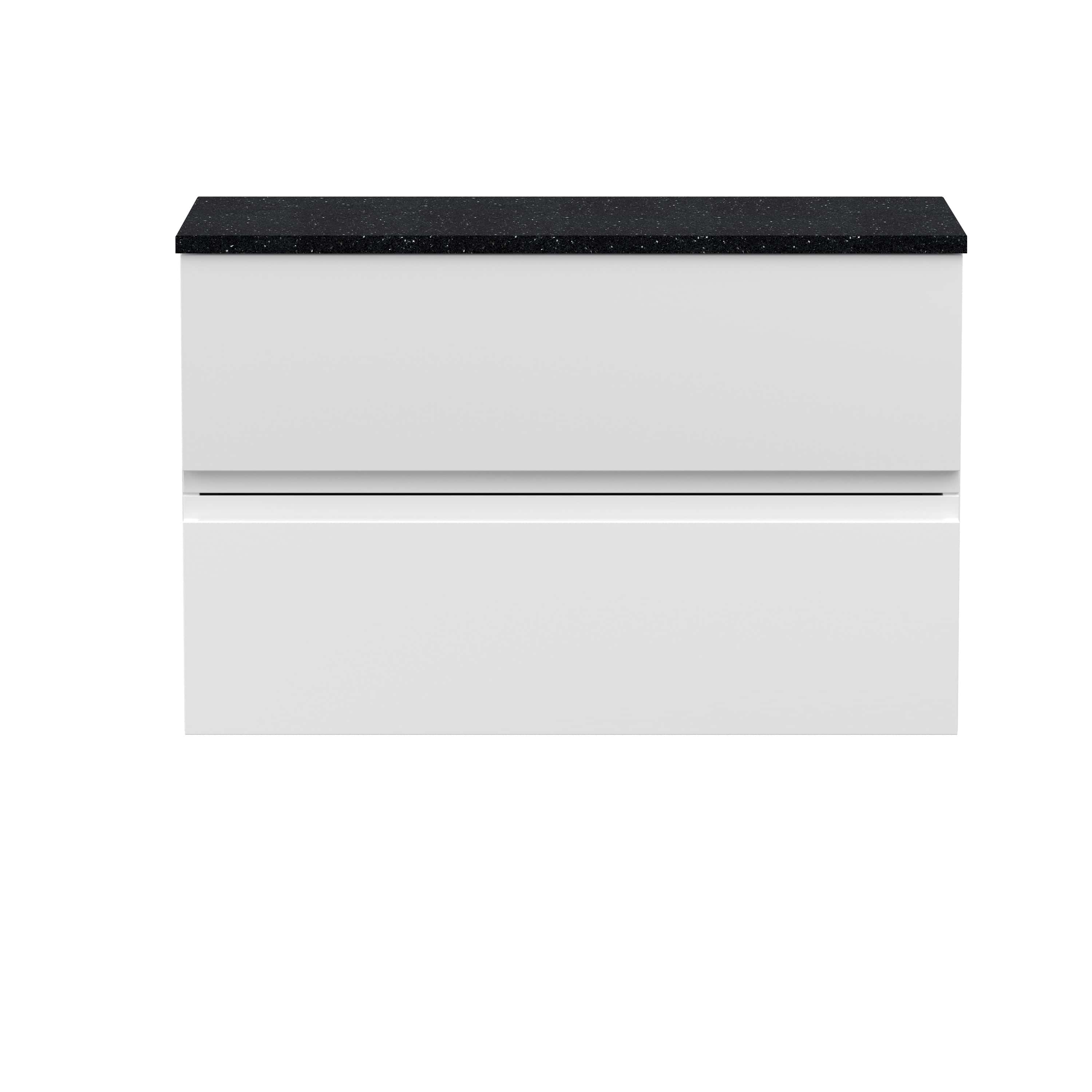 Modern white bathroom vanity with black granite countertop, sleek storage drawers, minimalistic design, ideal for contemporary bathrooms, provides functional and stylish space for bathroom essentials.