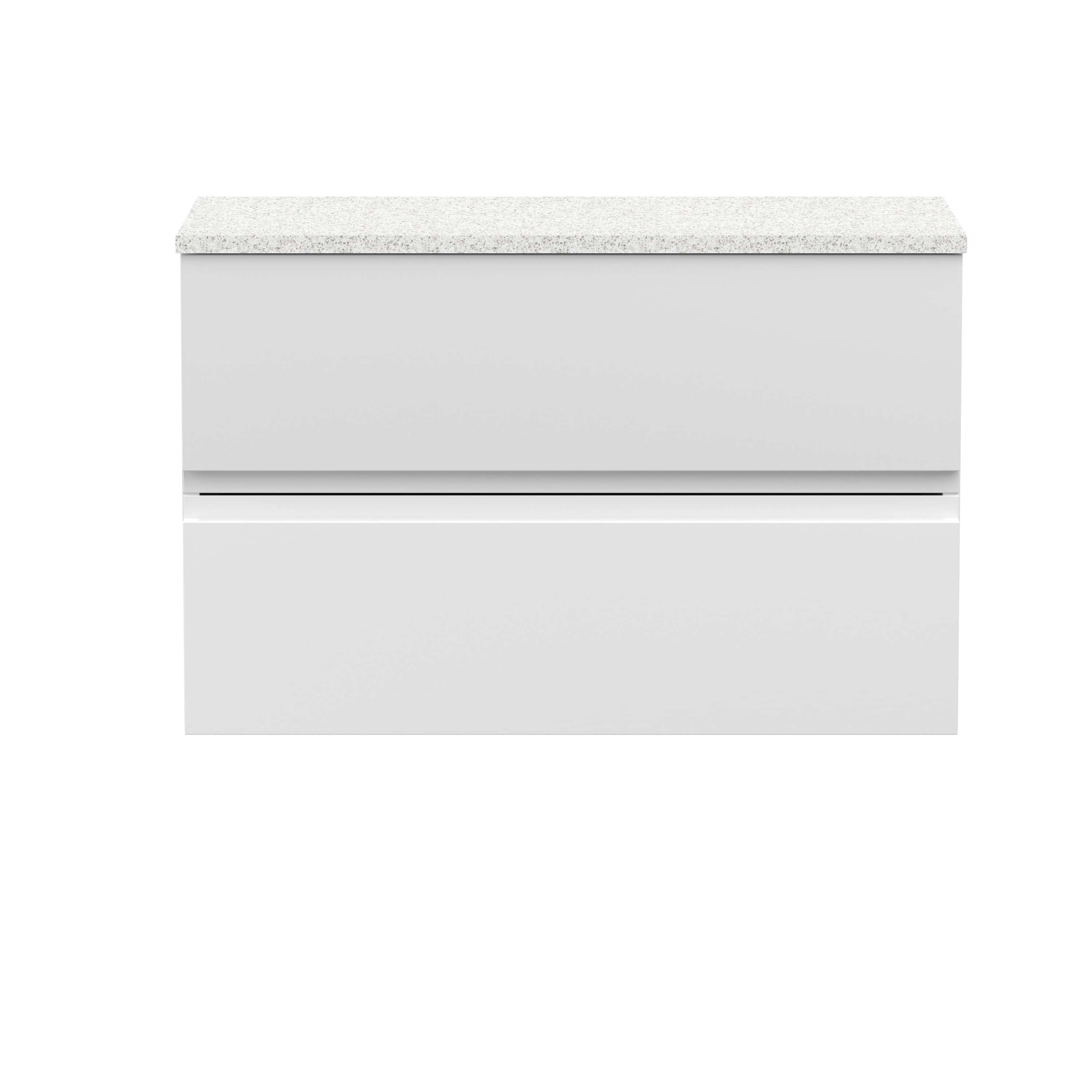 Modern white bathroom vanity with a granite countertop, sleek handleless design, ideal for contemporary bathroom interiors. Perfect for stylish and practical bathroom storage solutions.