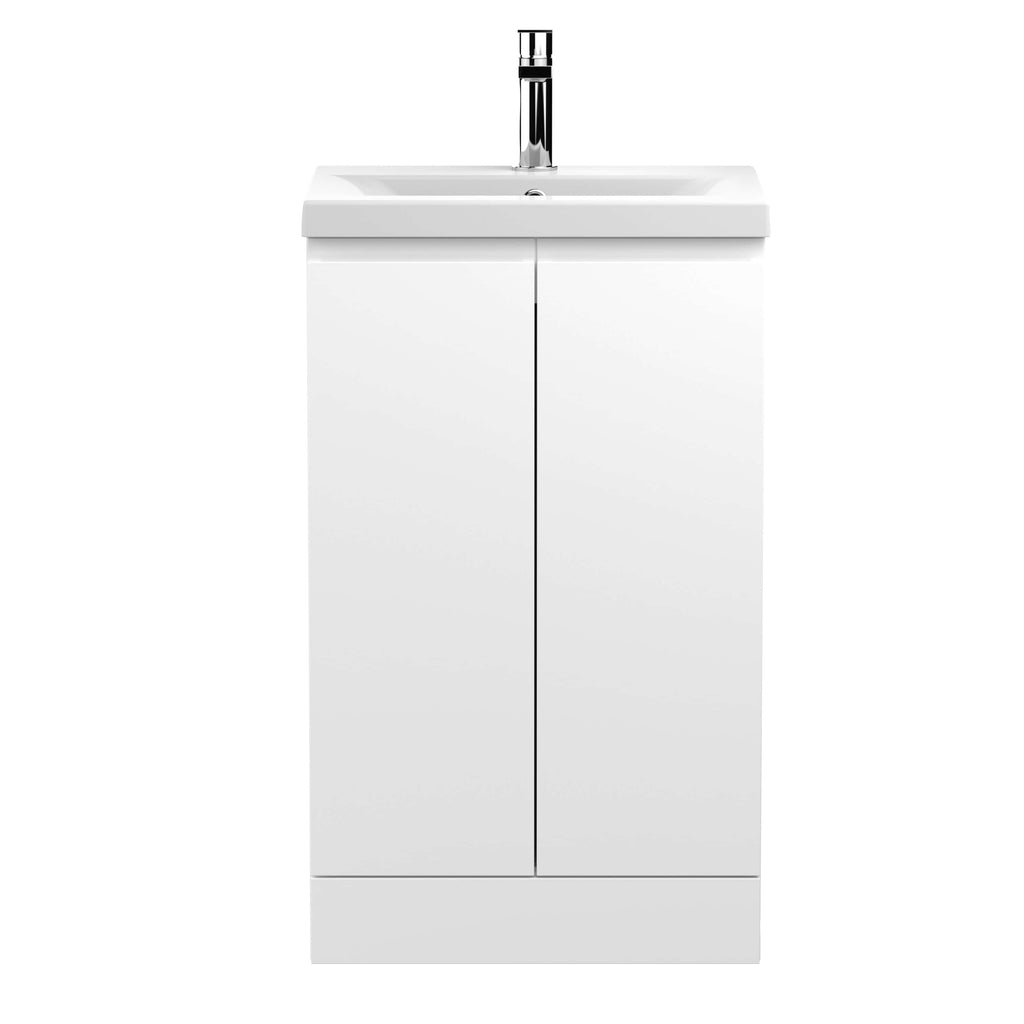 Sleek white bathroom vanity unit with integrated sink and chrome tap, ideal for modern bathrooms and cloakrooms. Durable, stylish, and space-saving design perfect for contemporary bathroom decor.