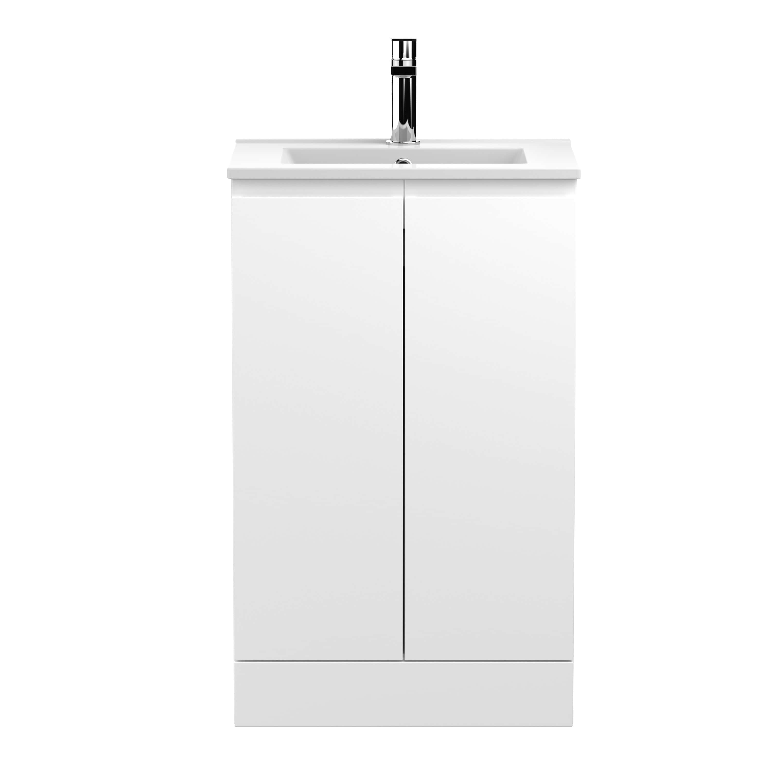 White bathroom vanity with integrated sink and modern chrome faucet, ideal for contemporary bathrooms.