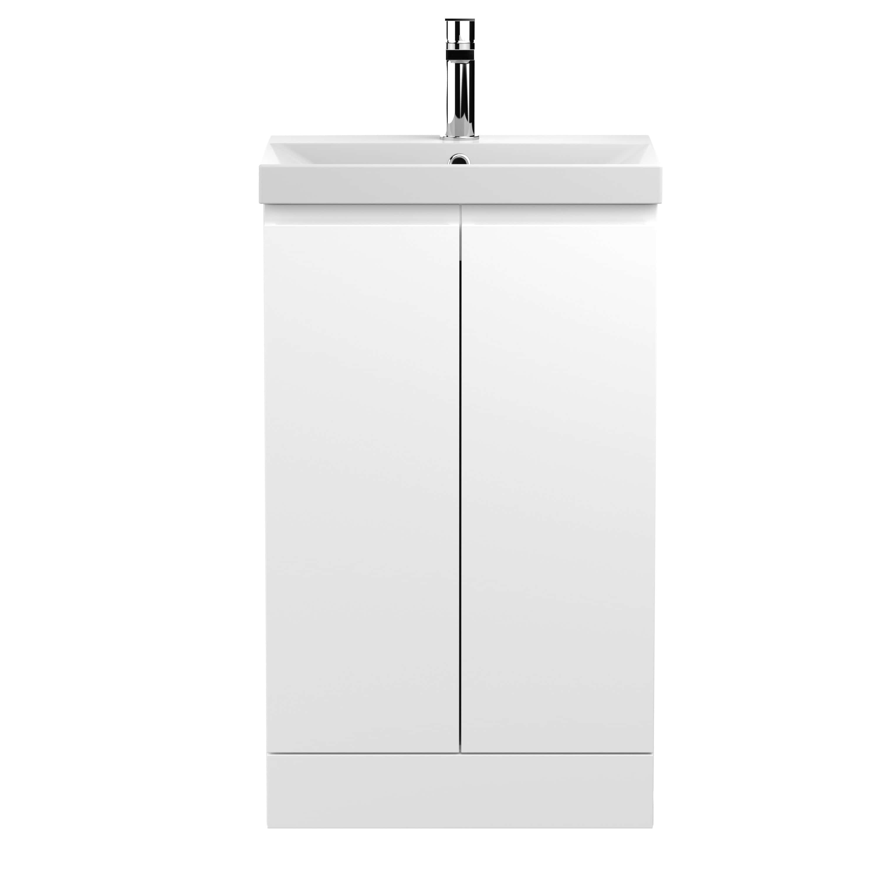Portable bathroom sink cabinet with a modern white finish and chrome tap, ideal for contemporary bathrooms and washroom renovations.