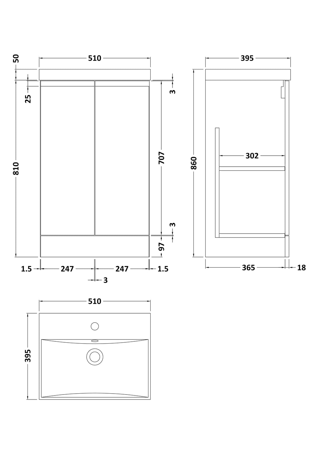 Sleek white bathroom vanity with storage cabinet, modern design, durable materials, perfect for contemporary bathrooms, includes detailed technical schematic.