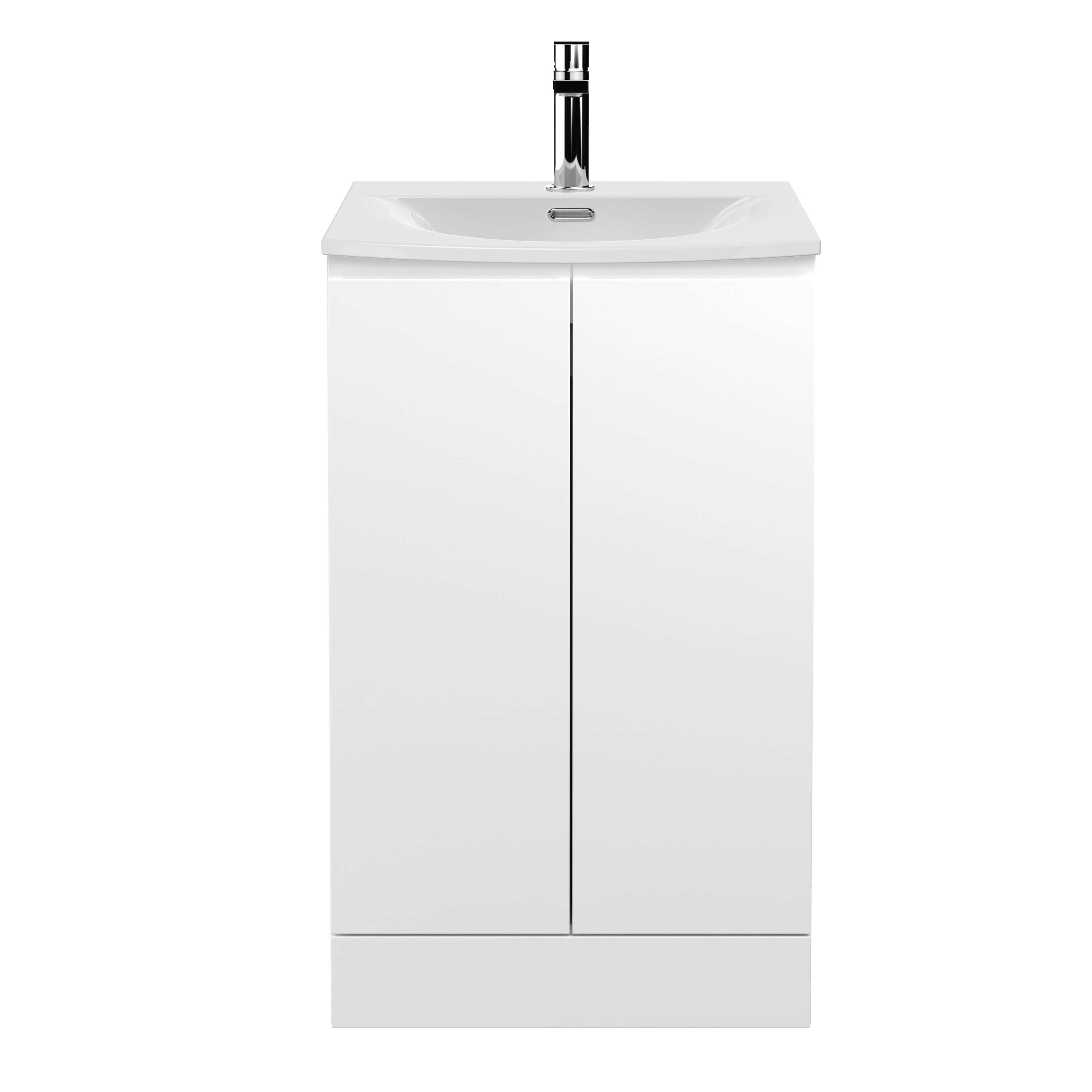 Sleek white bathroom vanity with integrated sink and modern chrome tap, ideal for contemporary bathroom designs. High-quality materials ensure durability and easy maintenance. Perfect storage solution for bathroom essentials.