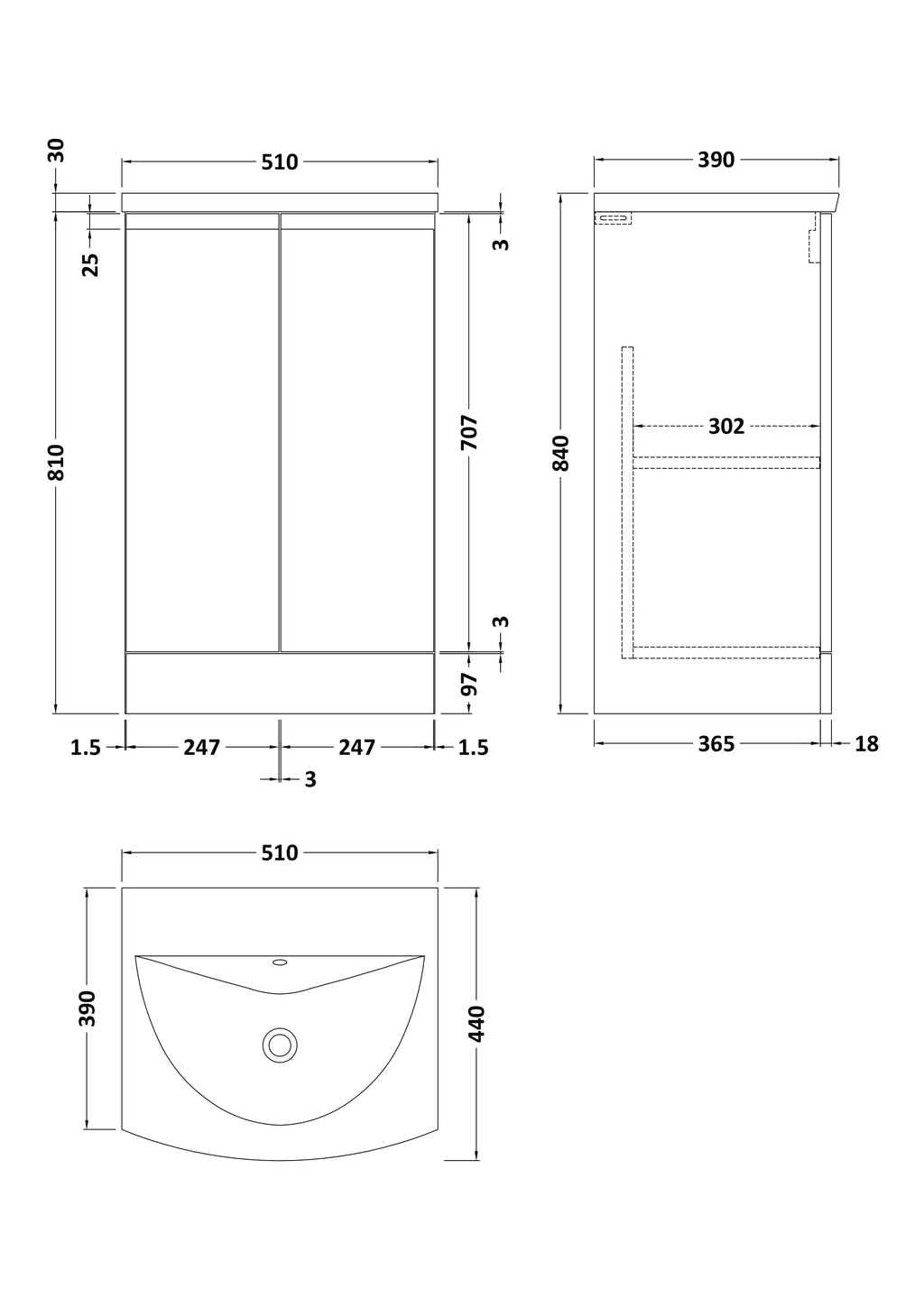 Schematic blueprint of a modern bathroom vanity unit with detailed measurements for installation and design.