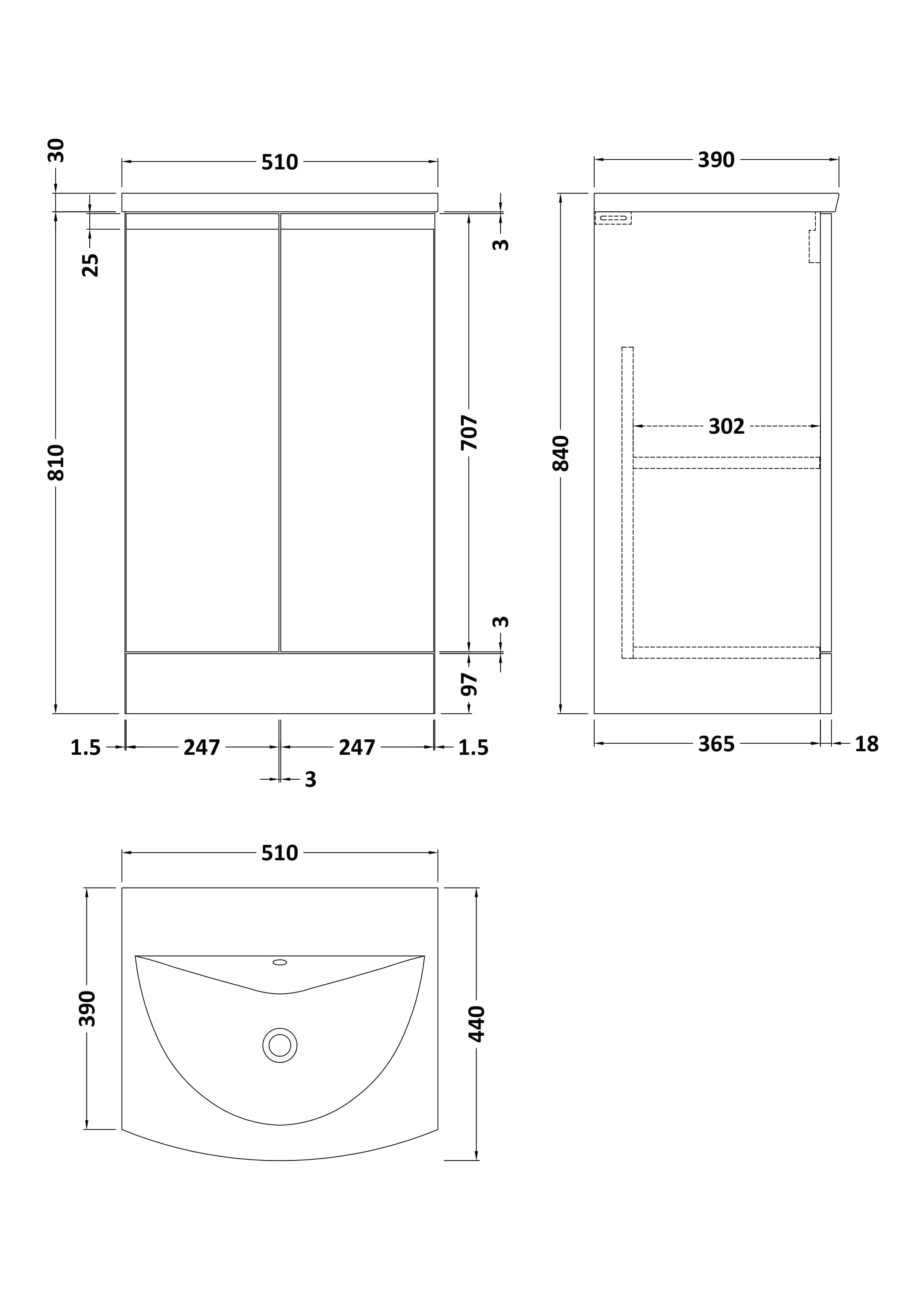 Schematic blueprint of a modern bathroom vanity unit with detailed measurements for installation and design.
