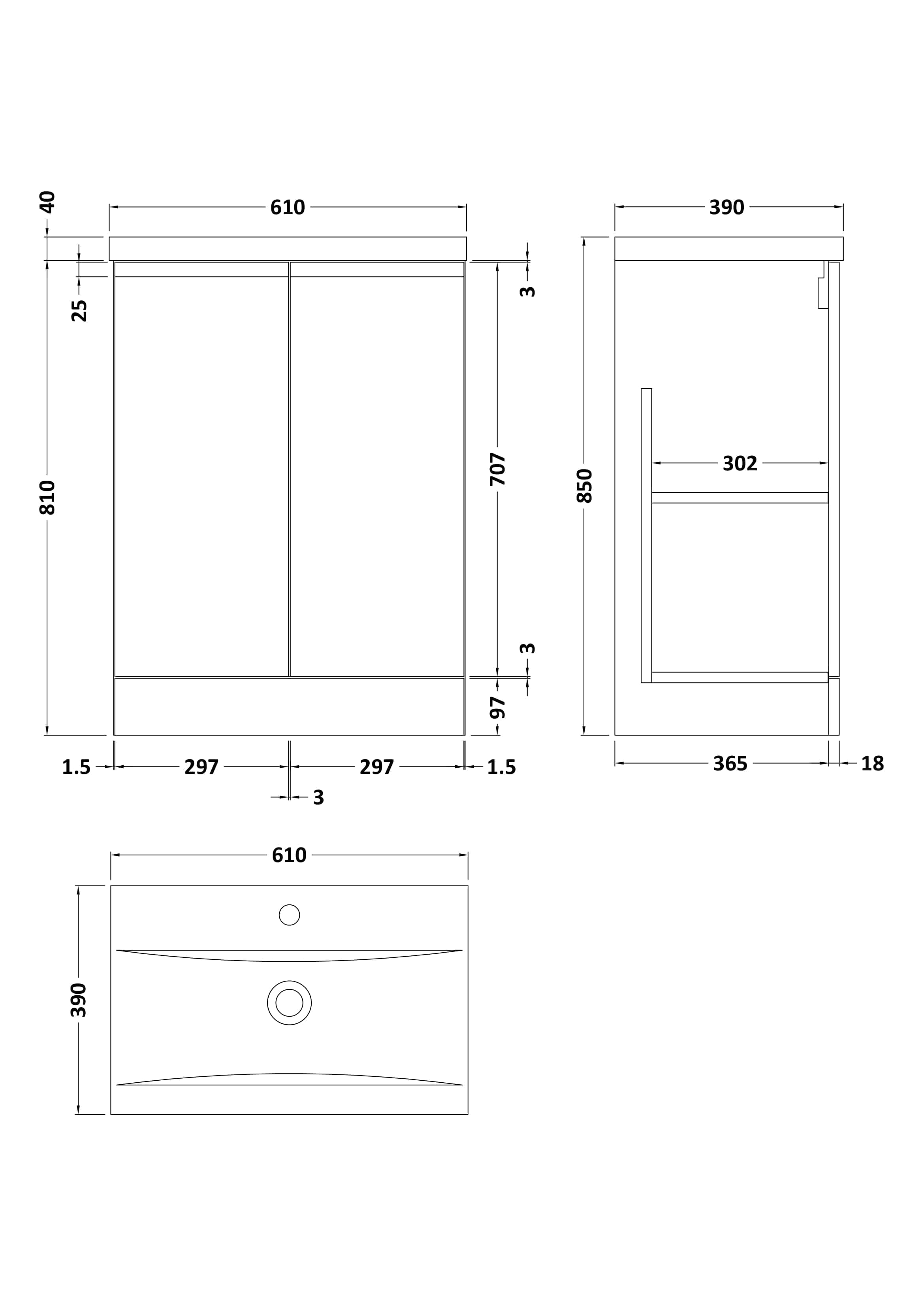 Sleek bathroom vanity cabinet with dimensions 610mm width, 810mm height, and spacious storage compartments, perfect for modern bathroom storage solutions.