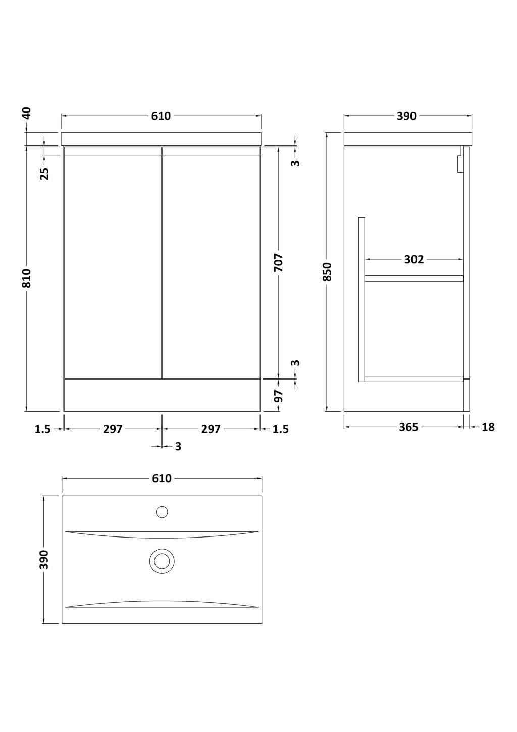 Sleek bathroom vanity cabinet with dimensions 610mm width, 810mm height, and spacious storage compartments, perfect for modern bathroom storage solutions.