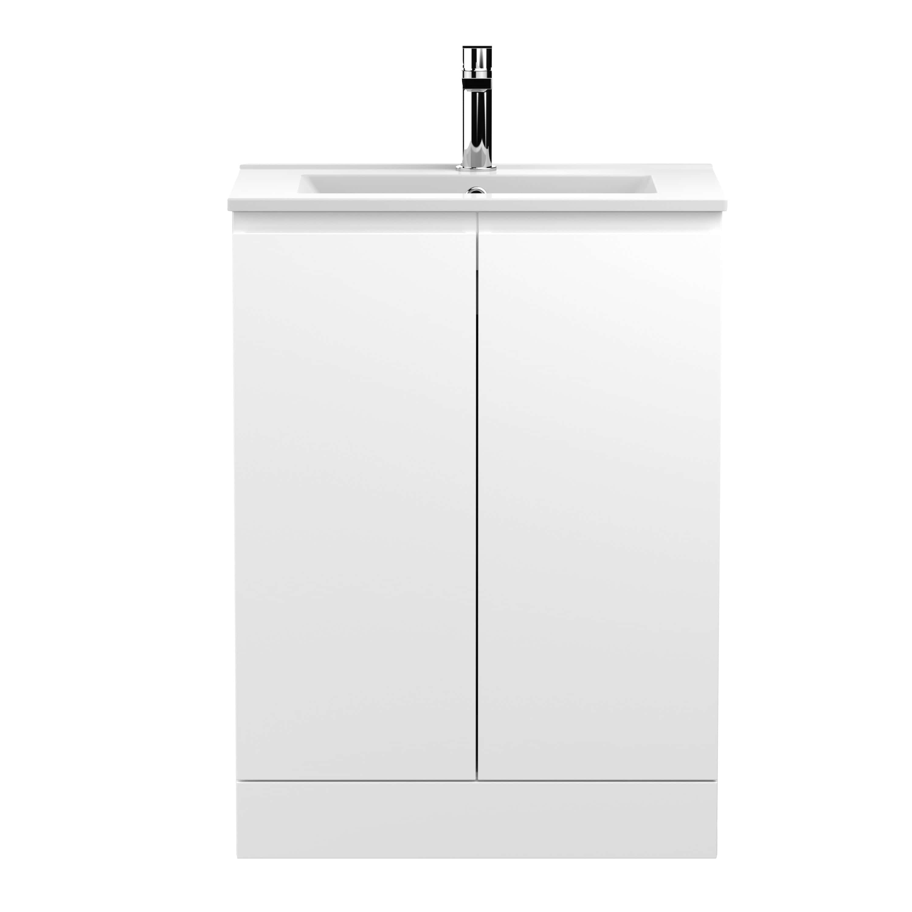Sleek white bathroom vanity cabinet with integrated sink and modern chrome tap, ideal for contemporary bathroom decor. Stylish storage solution with clean lines and durable finish.