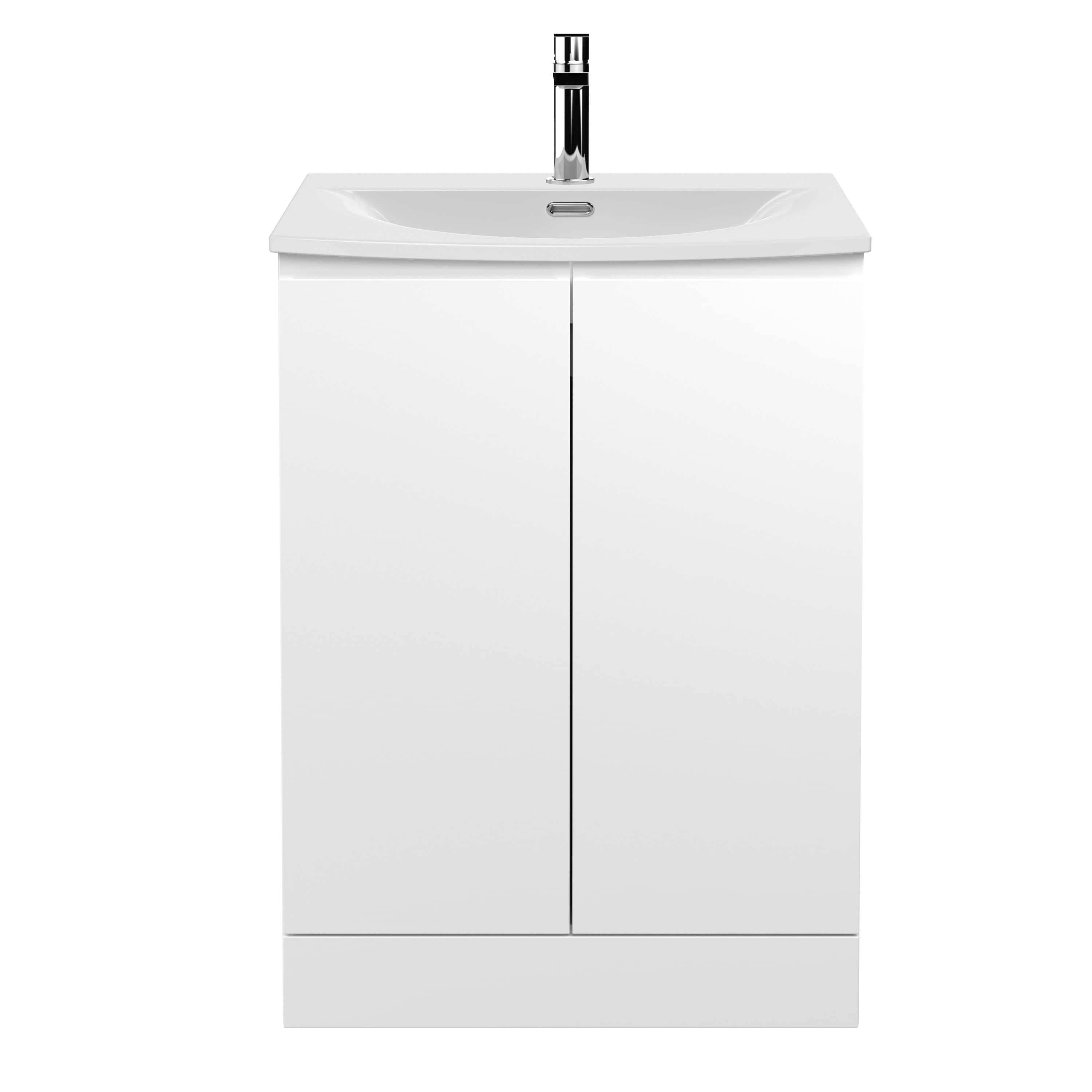 Modern white bathroom sink vanity with storage cabinet and chrome faucet. Ideal for contemporary bathrooms, combining style and functionality, perfect for small spaces.