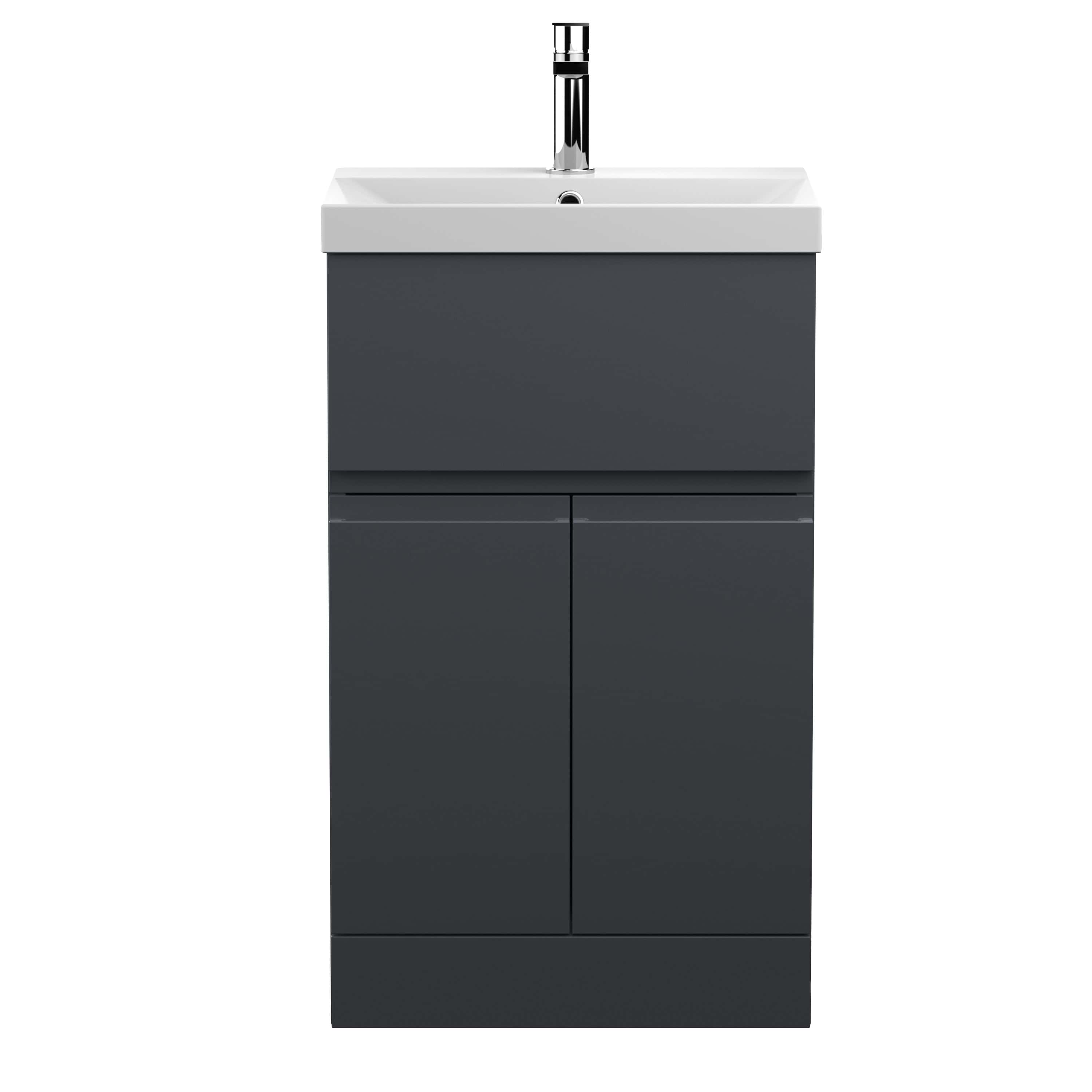 Modern grey bathroom vanity unit with a white ceramic sink and chrome tap, ideal for contemporary bathrooms. Durable storage with sleek design, perfect for optimise space and elegance.