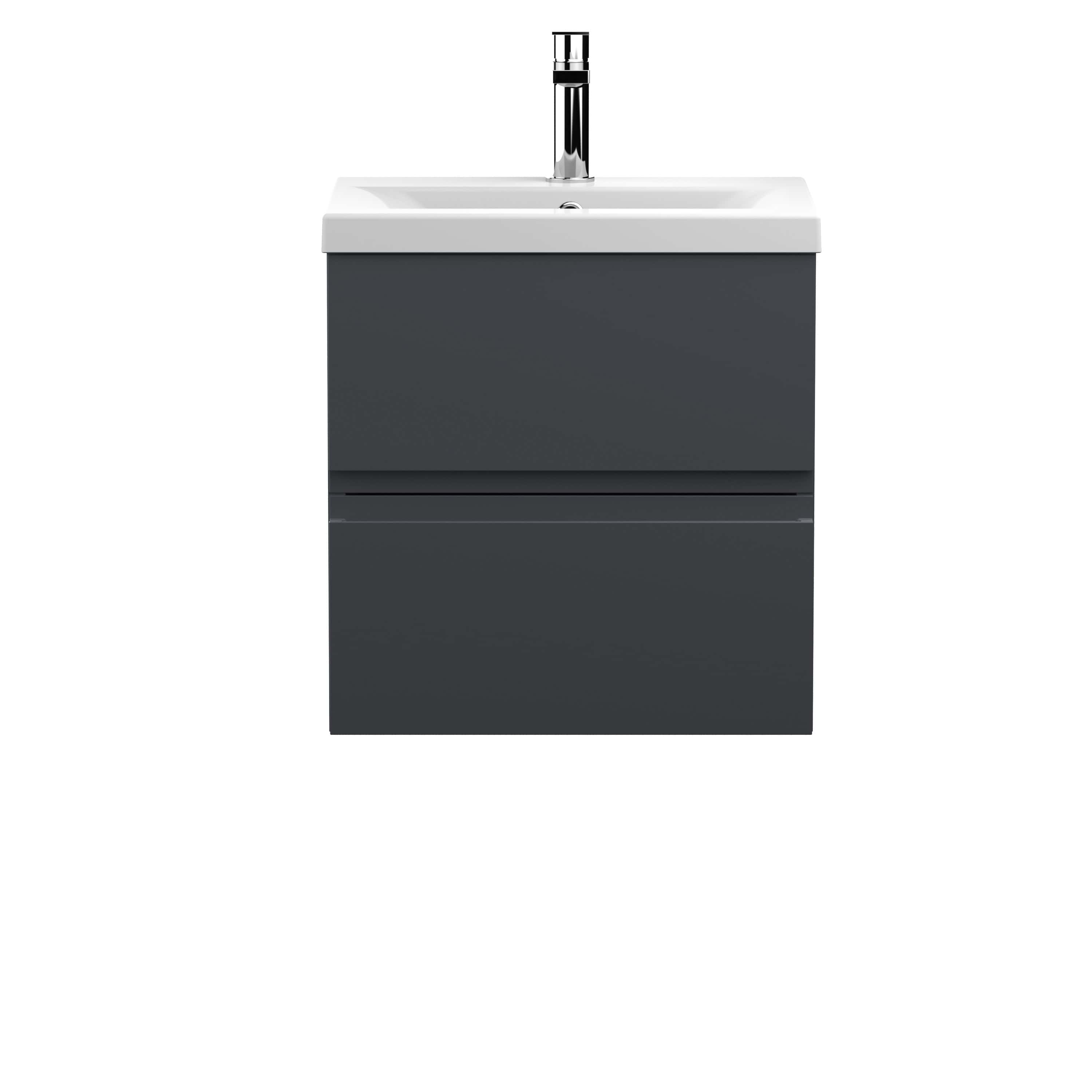 Modern bathroom vanity unit with integrated sink and sleek grey finish for contemporary bathroom decor.