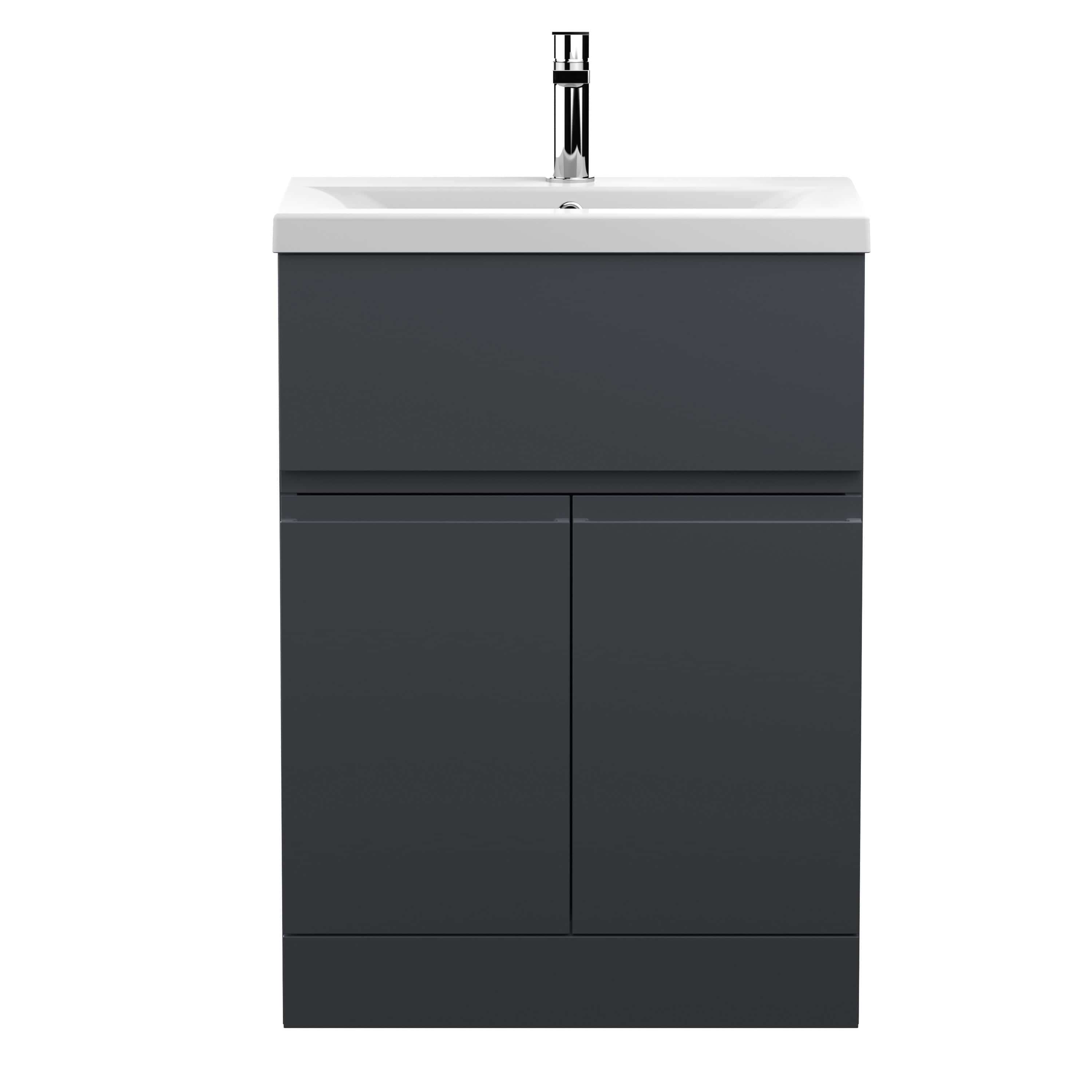 Modern grey bathroom vanity with integrated sink and chrome faucet, ideal for contemporary bathroom design, providing storage and style.