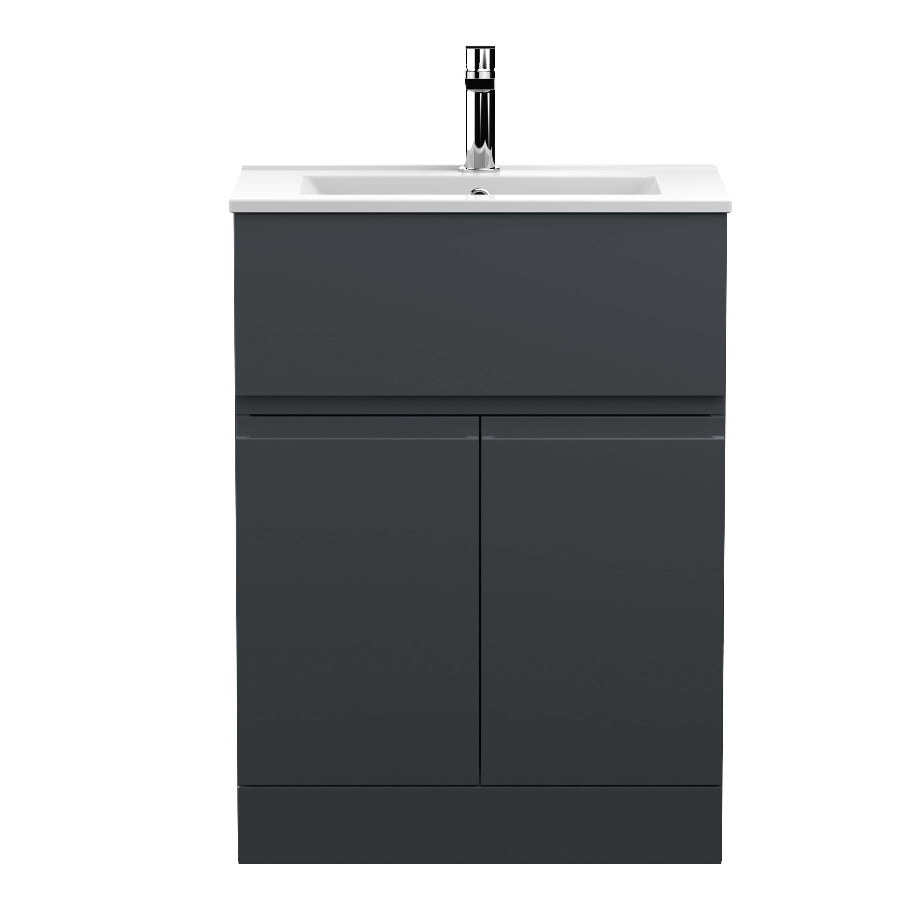 Modern dark grey bathroom vanity unit with integrated sink and chrome tap, ideal for contemporary bathroom designs and optimal space utilisation.