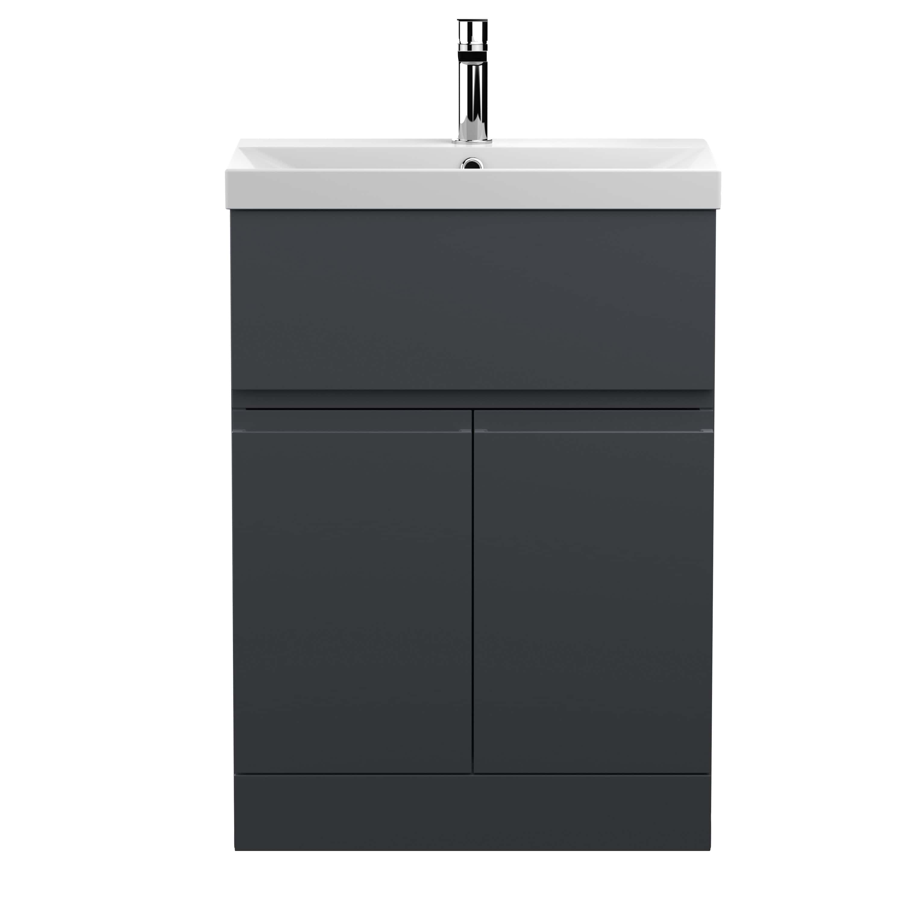 Modern bathroom vanity unit with integrated sink and chrome mixer tap, featuring sleek dark grey cabinetry for contemporary bathroom design.