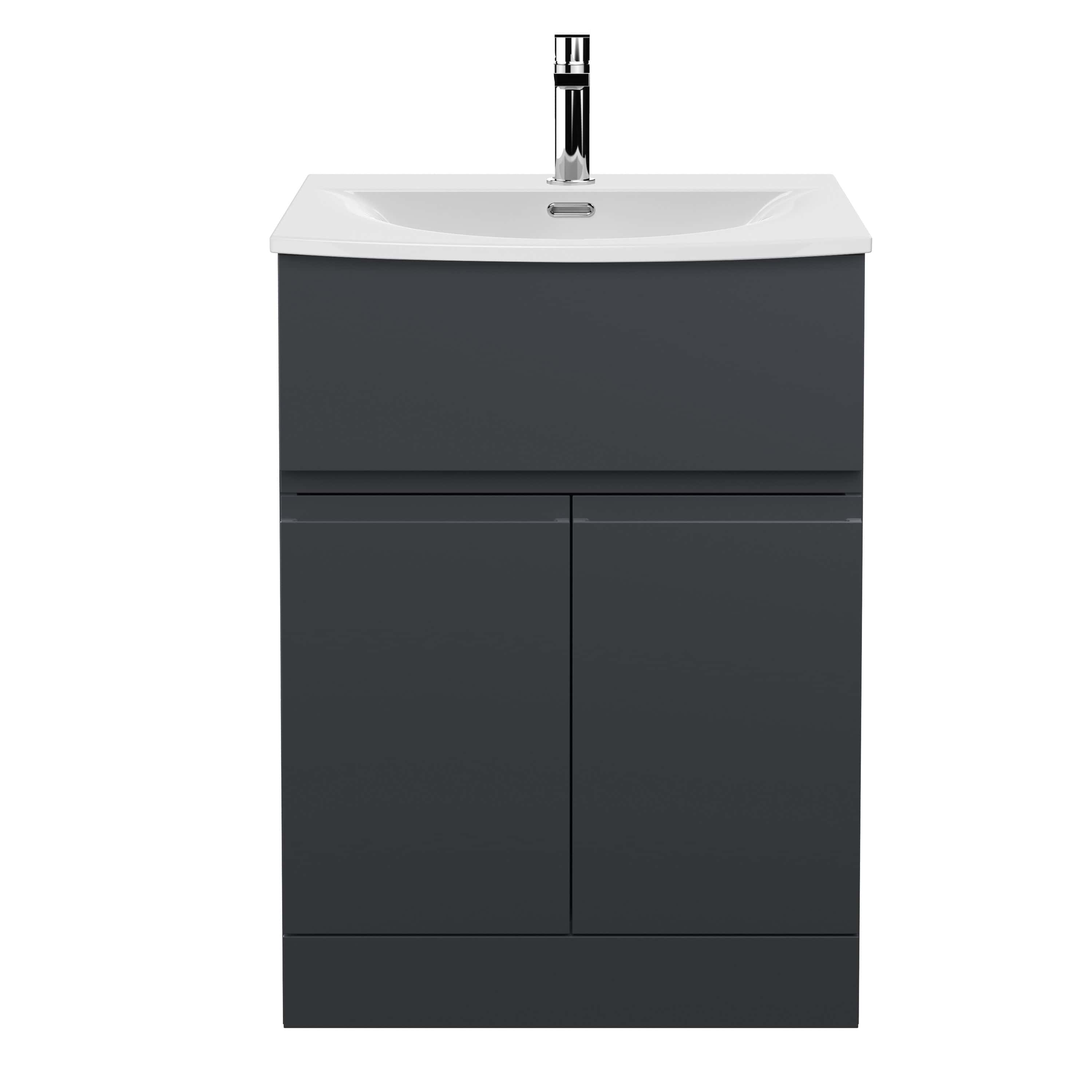 Modern bathroom vanity with integrated sink and chrome tap, featuring sleek grey cabinetry, ideal for contemporary bathroom designs.