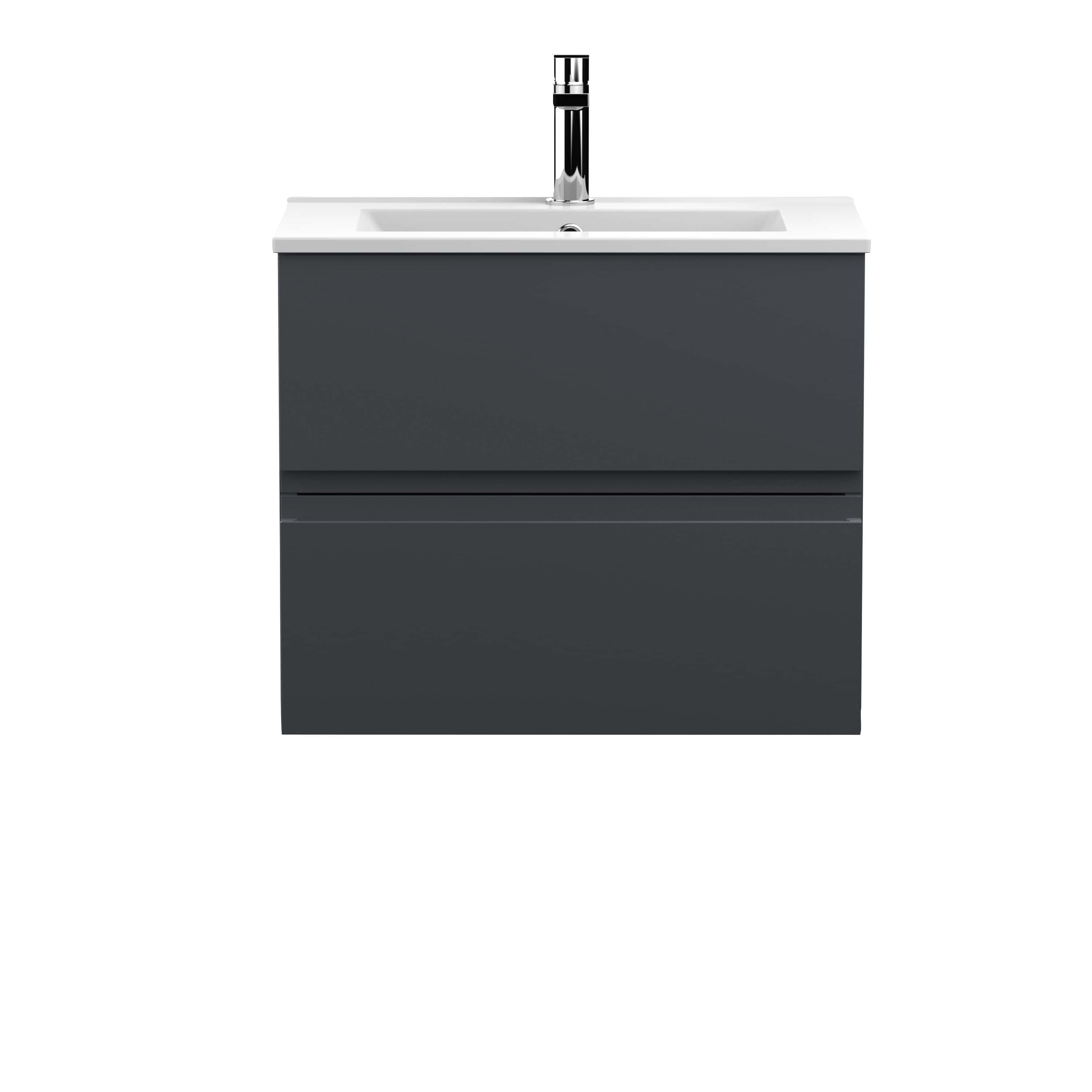 Minimalist grey bathroom vanity with integrated sink and chrome faucet, ideal for modern bathroom designs. Featuring a sleek, contemporary style for functional and aesthetic appeal.