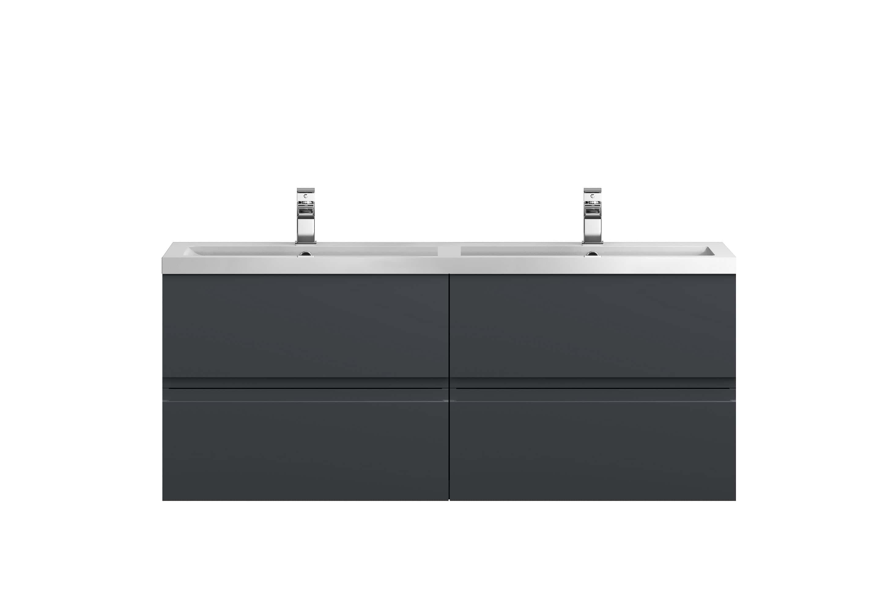 High-end modern double bathroom vanity with sleek dark grey cabinetry and integrated double sinks, perfect for contemporary bathroom designs.