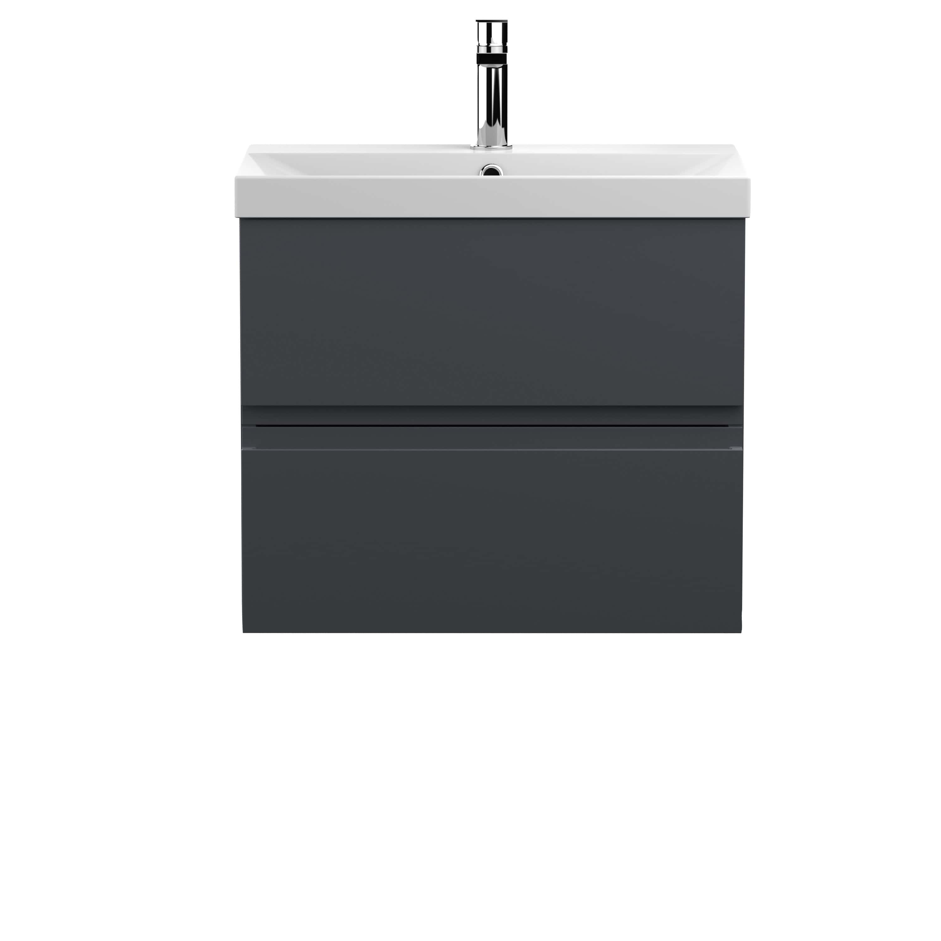 Sleek modern bathroom vanity with integrated sink, dark grey finish, and minimalist design. Perfect for contemporary bathroom decor and efficient storage solutions.