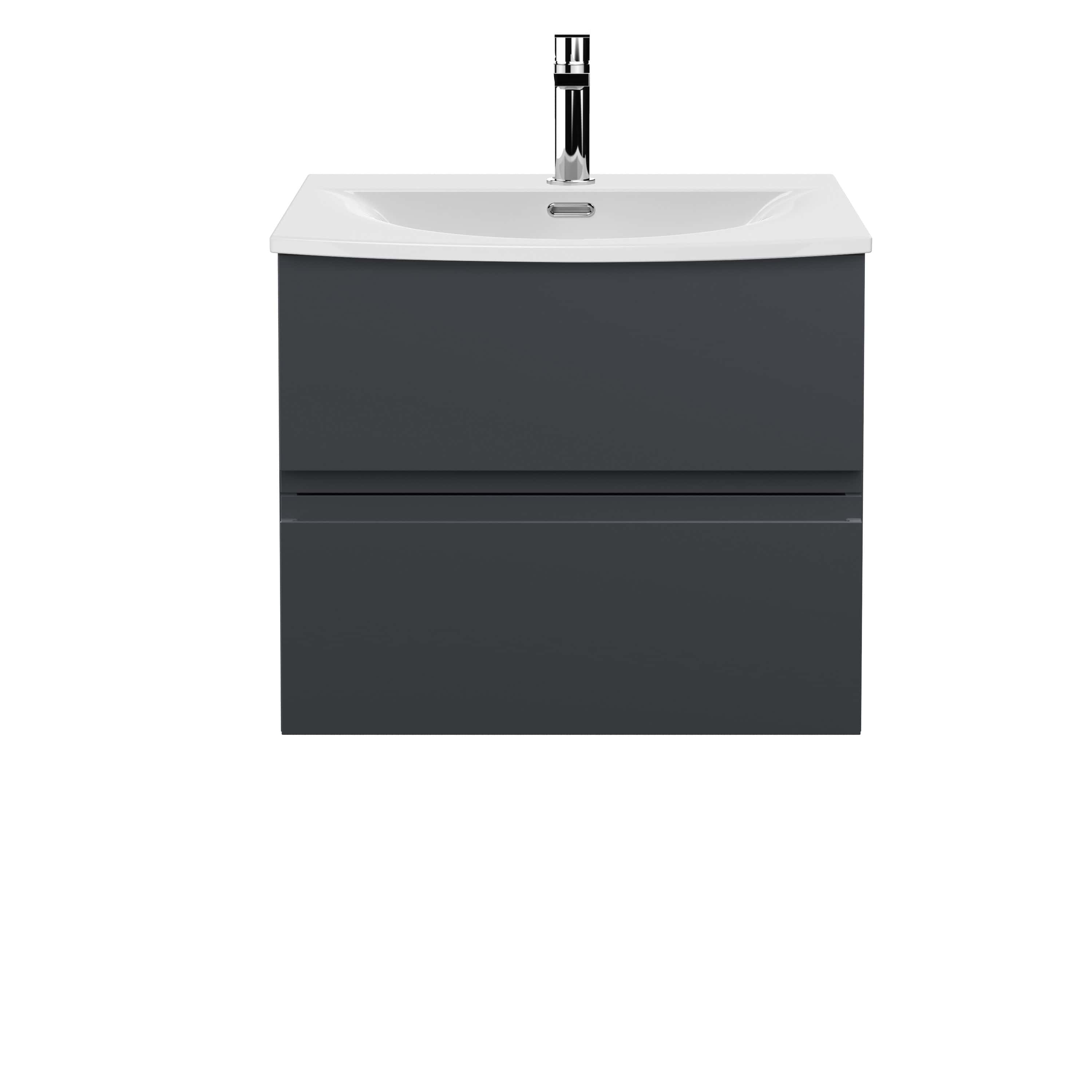 Modern grey bathroom vanity unit with integrated sink and chrome faucet, ideal for contemporary bathroom designs.