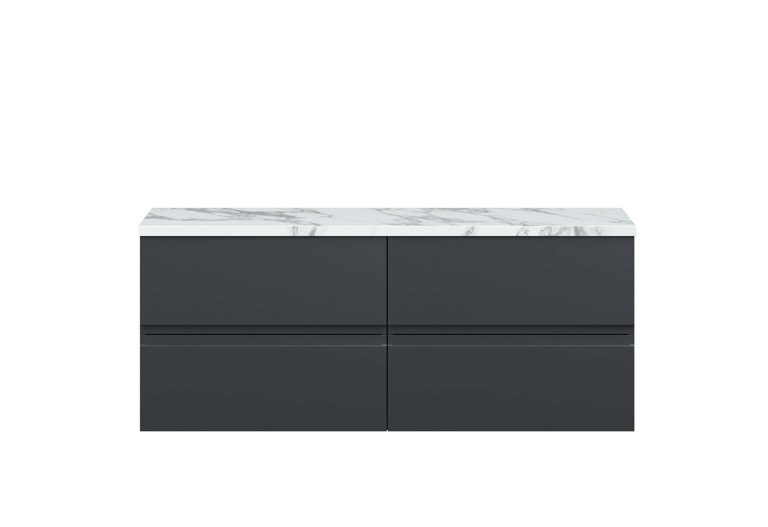 Sleek modern bathroom vanity unit with dark grey drawers and a white marble countertop for contemporary bathroom design.