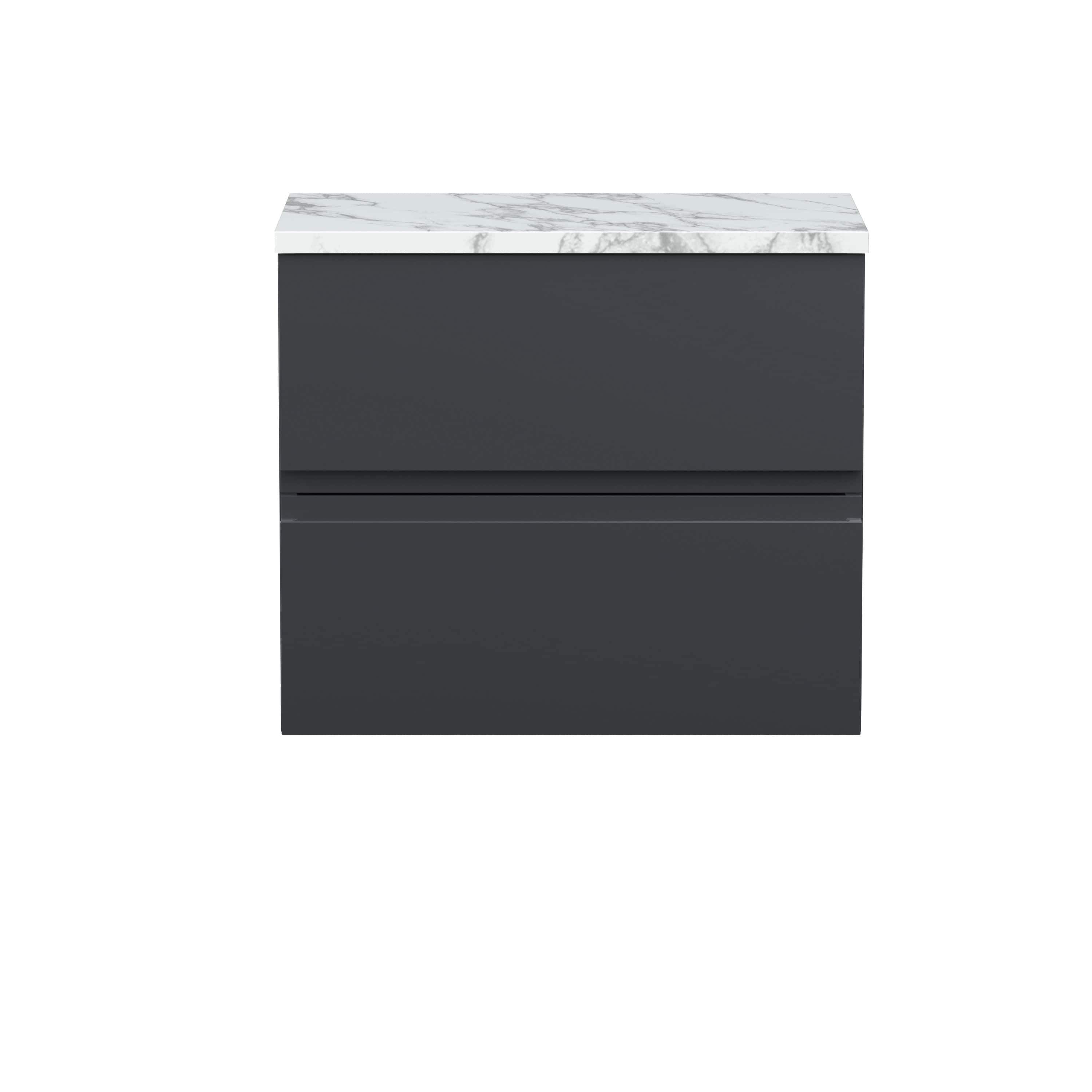 Stylish black bathroom vanity unit with a white marble countertop, modern design, sleek handles, ideal for contemporary bathrooms, offering ample storage space.