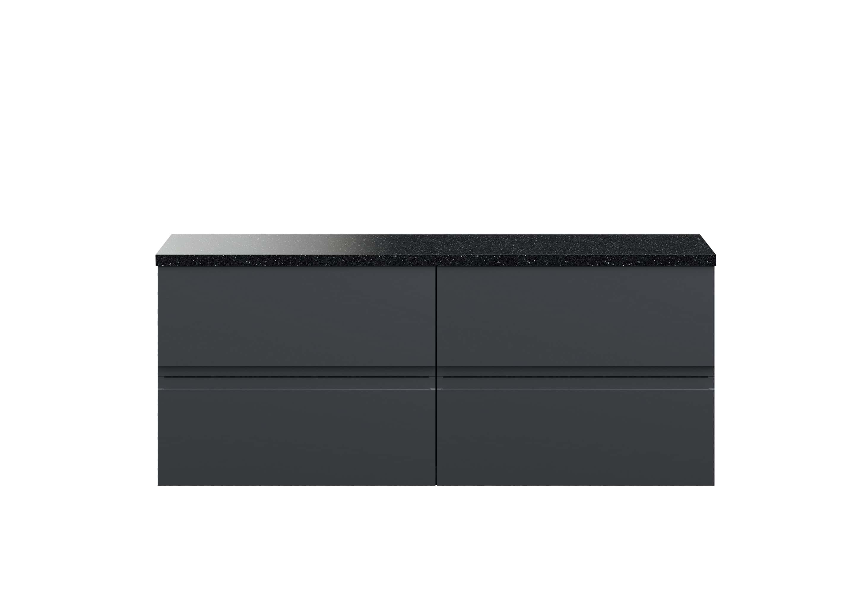 Modern grey bathroom cabinet with black speckled countertop for sleek bathroom storage solutions.