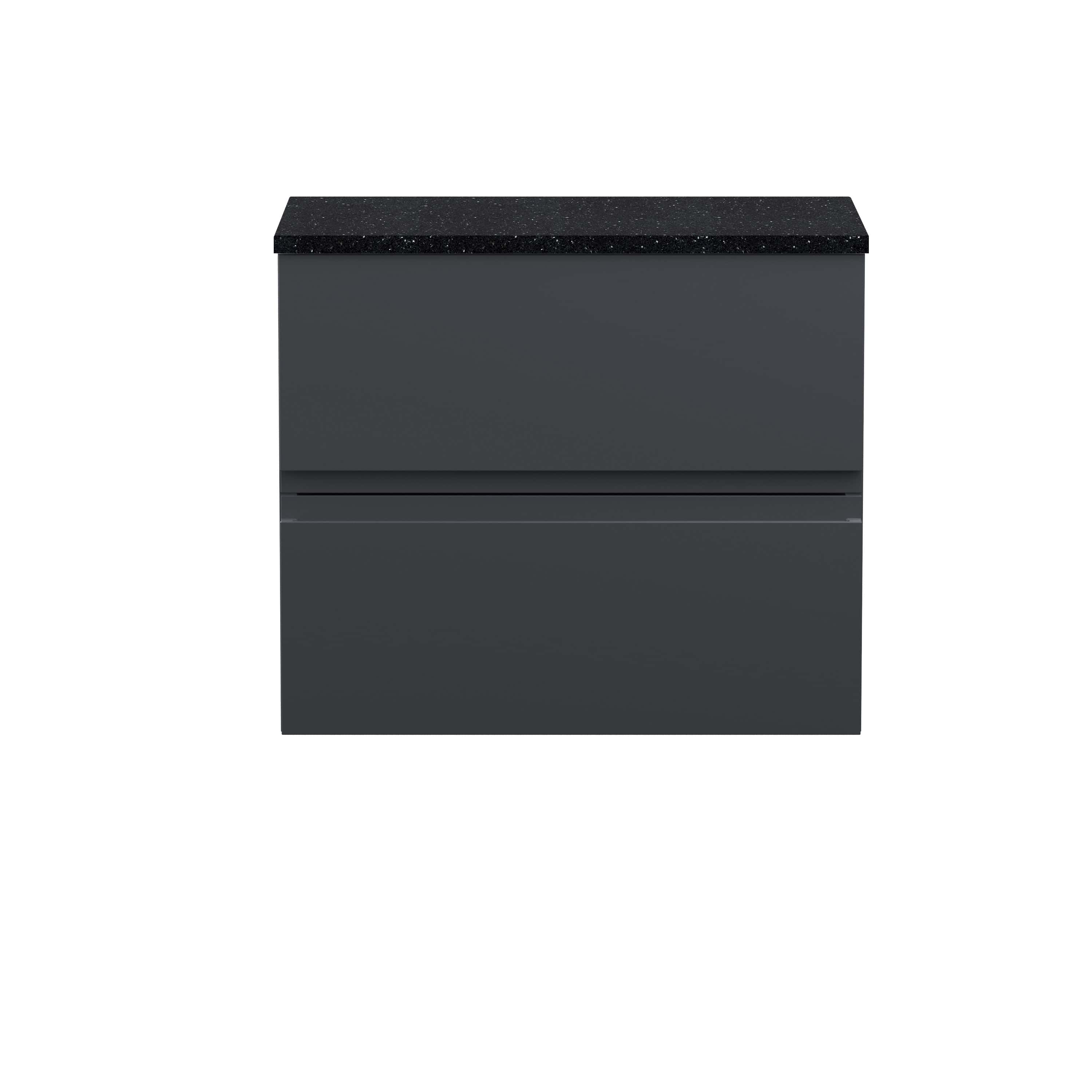 Modern dark grey bathroom vanity with black countertop, sleek design, and ample storage space for contemporary bathrooms.