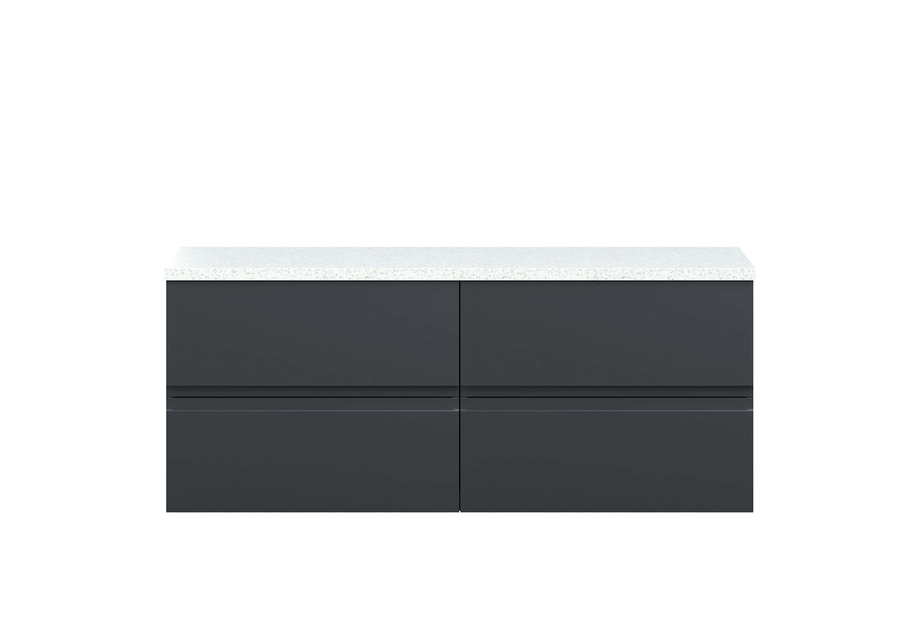 Sleek modern bathroom vanity unit with dark grey drawers and a light speckled white top, designed for contemporary bathroom decor and storage solutions.