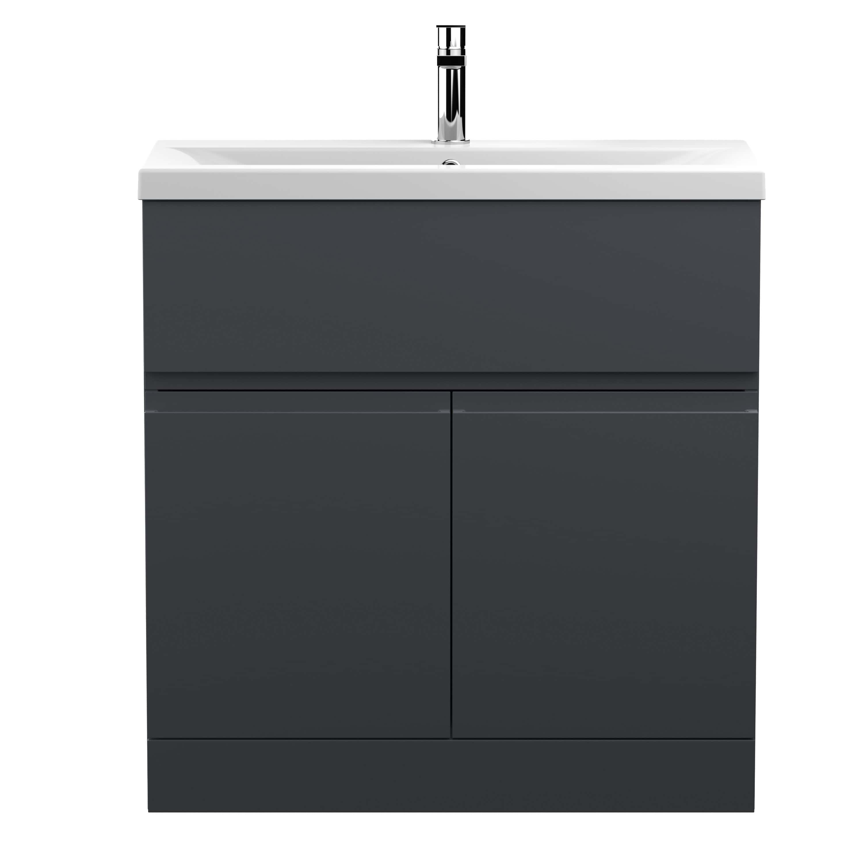 Modern bathroom vanity unit with integrated sink and chrome tap for contemporary bathroom designs.