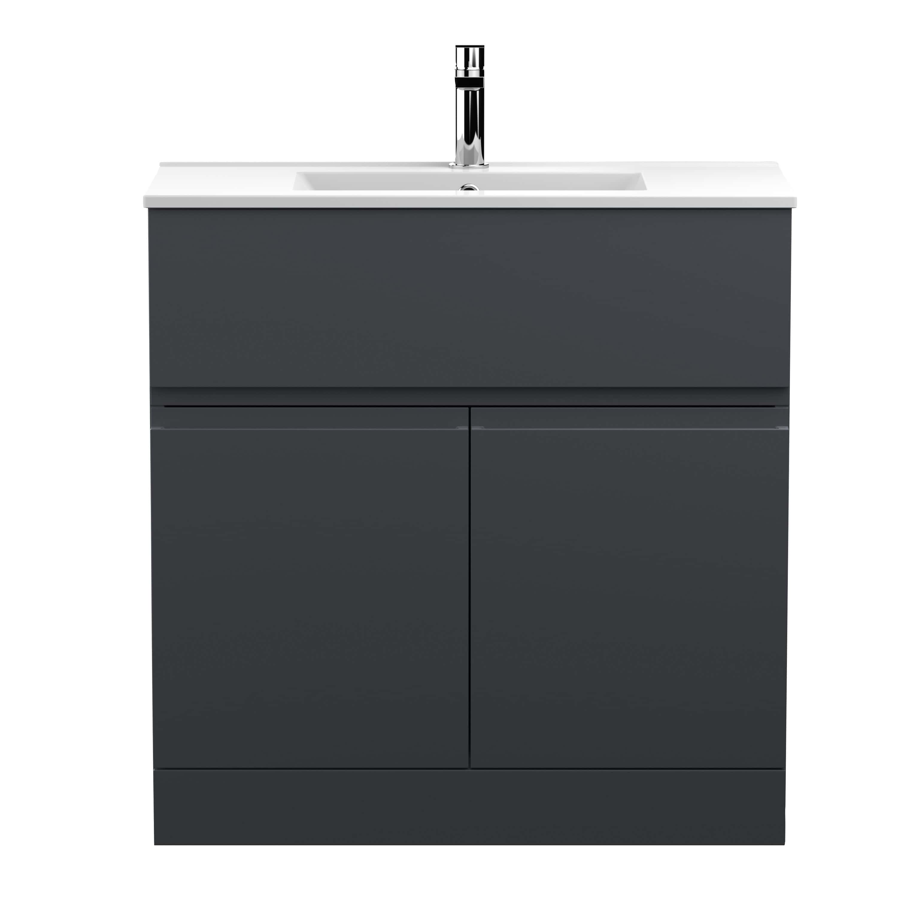 Modern grey bathroom vanity unit with integrated basin and chrome tap, ideal for contemporary bathroom interiors. High-quality bathroom furniture from Bubly Bathrooms UK.